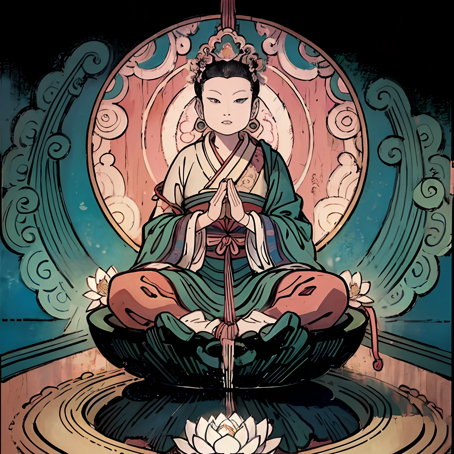 Buddha statue sitting on a lotus flower, guanyin of the southern seas, Guanyin, floating in a powerful zen state, powerful zen composition, pink zen style, Serene expression, Zen meditation, inspired by Itō Jakuchū, standing gracefully upon a lotus, Zen temple background