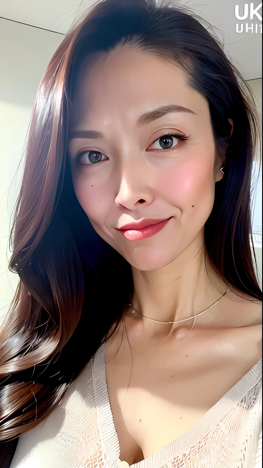 (Best quality, 8k, 32k, Masterpiece, UHD:1.2),Photo of Pretty woman, large breasts,upper body,face focus,oversized_sweater, necklace, simple background, from above, looking at viewer,