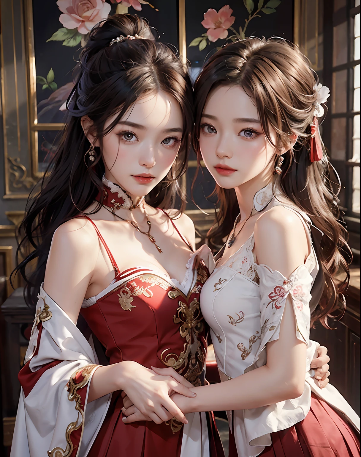 (2 Chinese brides, wearing a gorgeous Chinese wedding dress), (shy, tender, beautiful face, fair skin, bright eyes, elegant eyebrows, happiness and expectation, rosy lip color, soft face), (red clothing: 1.4), (wearing exquisite jewelry, rings, necklaces)), (exquisite materials, embroidery, beads, lace, slim tailoring, lace decoration), purity, romance, (body curves), pleated decoration, (cinematic quality), (Best quality: 1.2), (Realism: 1.4), (Indoor), Photoquality, ((Octane rendering)), close-up, photographic lighting