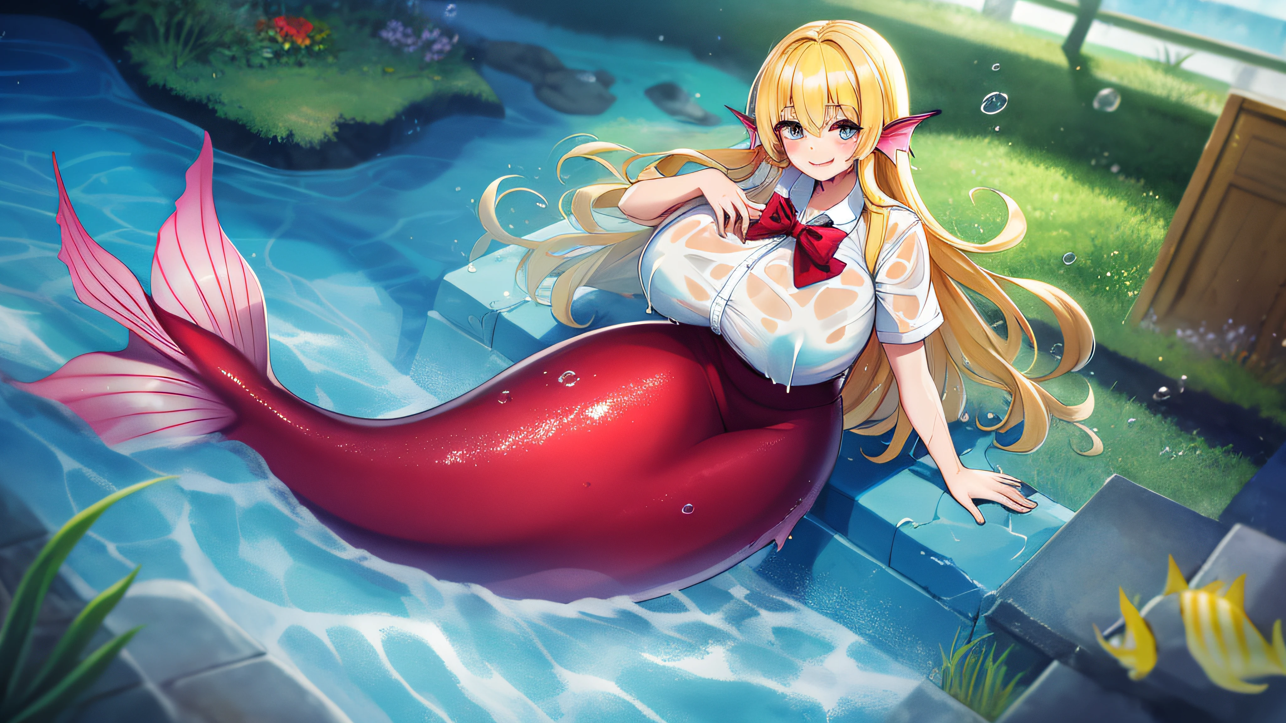 delicate face,colorful,masterpiece,(best quality),smile happily,looking at viewer,(red mermaid),[slime mermaid],fins,,blonde_hair,wet,wet ground,wet wall,wooden ground,(covered_nipples),(soaked school uniform),(gigantic_breasts),