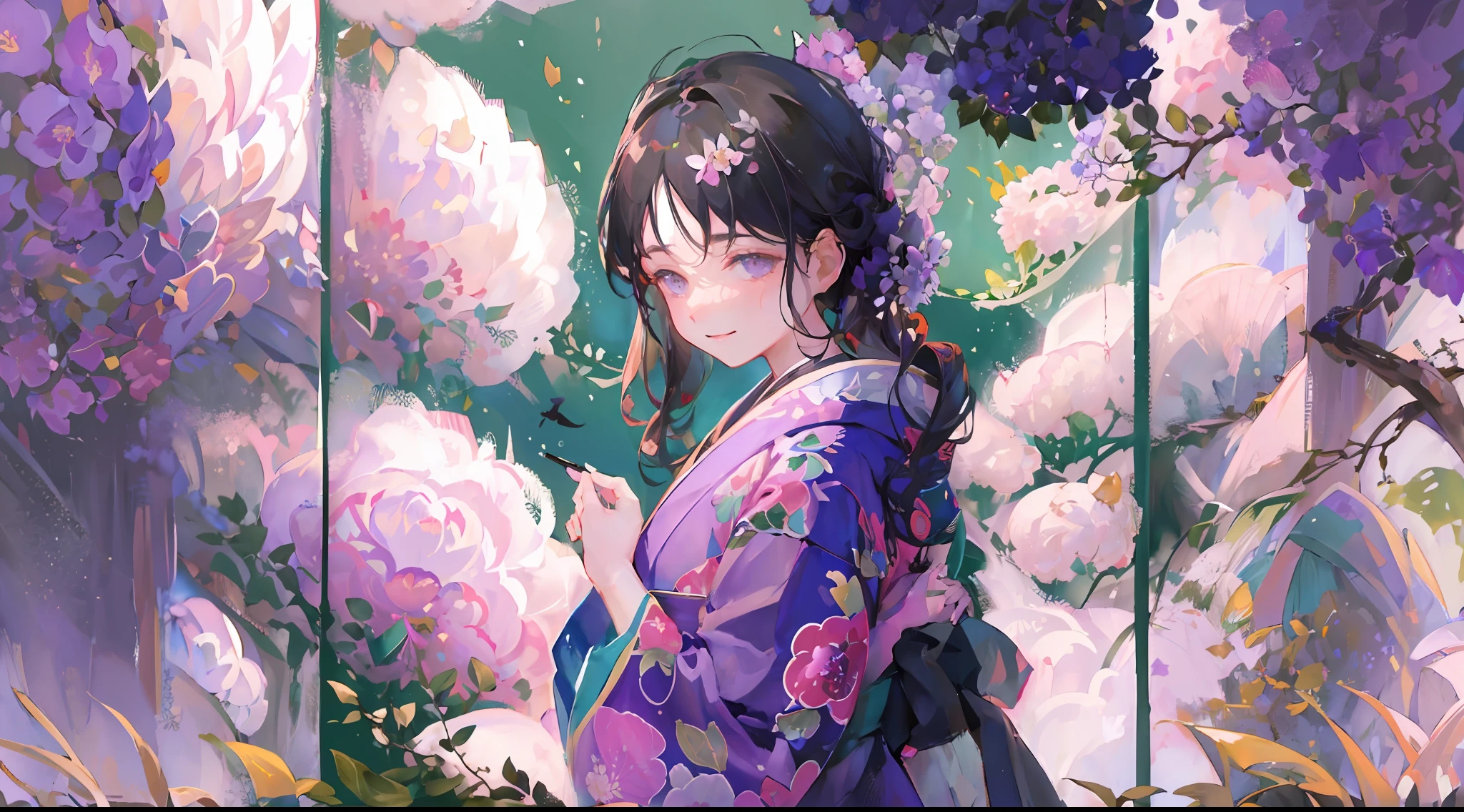 ((masterpiece, best quality, ultra-detailed, illustration)), (1girl:1.4), solo, super idol, perfect face, , (outdoors:1.2), (summer cloud:1), (black hair, long hair, hakama, kimono:1.1), hair ornaments, walking, green leaves, (purple hydrangea:1.1), (wide shot:1.2), (asymmetry:1.4), full body, rural landscape, sea, pastel color, relaxing, comfortable, warming, smiling, fantasy, imaginary, mythically, shadows, dynamic, alive, peaceful, serene, quiet, tranquil, calm, silent, intuition, adaptability, creativity, imagination, artistry, inspiration, awe, wonder, gratitude, appreciation, mindfulness, awareness, connection, harmony, balance, texture, detail, realism, depth, perspective, composition, color, light, shadow, reflection, refraction, tone, contrast, foreground, middle ground, background, naturalistic, figurative, representational, impressionistic, expressionistic, abstract, innovative, experimental, unique,