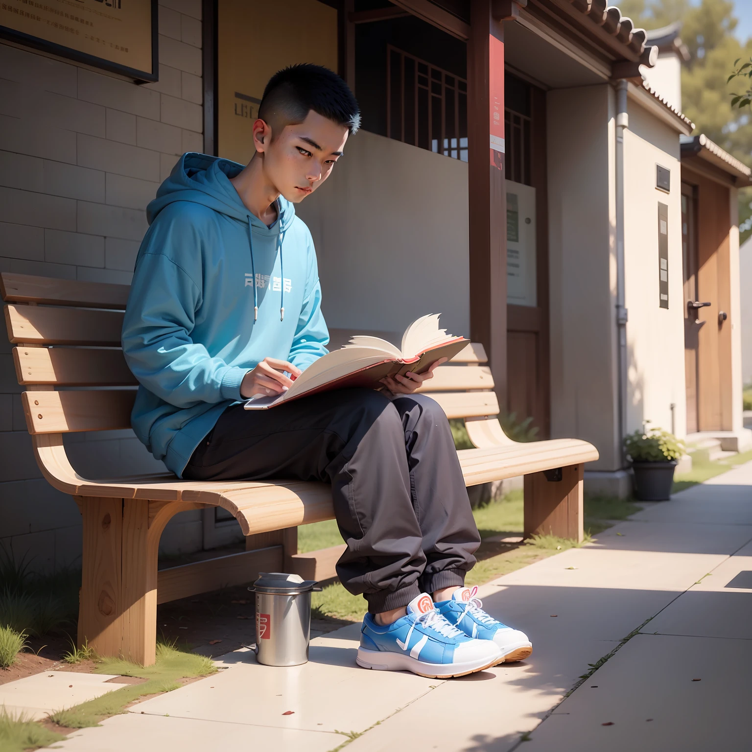 A young Chinese man, brush cut, Book in hand, Walk around campus, At his side was a bench made of wood, He wears blue sneakers on his feet, He was wearing a sweatshirt, Eyes are brown, It gives a lively and cheerful feeling。