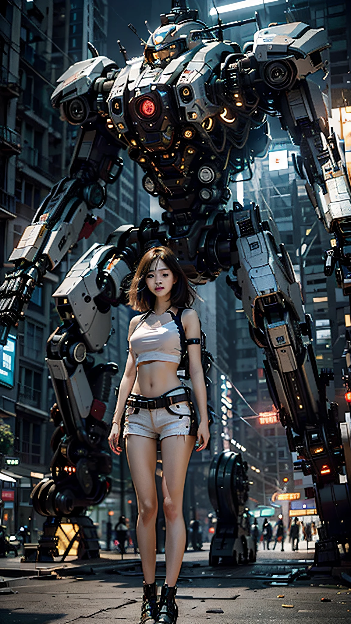 ((masterpiece, best quality)),illustration,ultra detailed 8k,photorealistic,sharp focus,highly detailed,professional lighting,colorful details,iridescent colors BREAK extreme long shot of a factory,large mechanical robot construction,microchip,computer,glowing,intricate details,shitu-mecha,1girl is standing in front of the audience,Navel