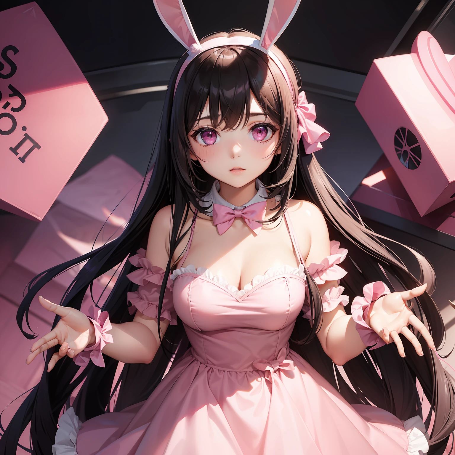 a women, pink bunny ears, black hair, pink eyes, pink dress