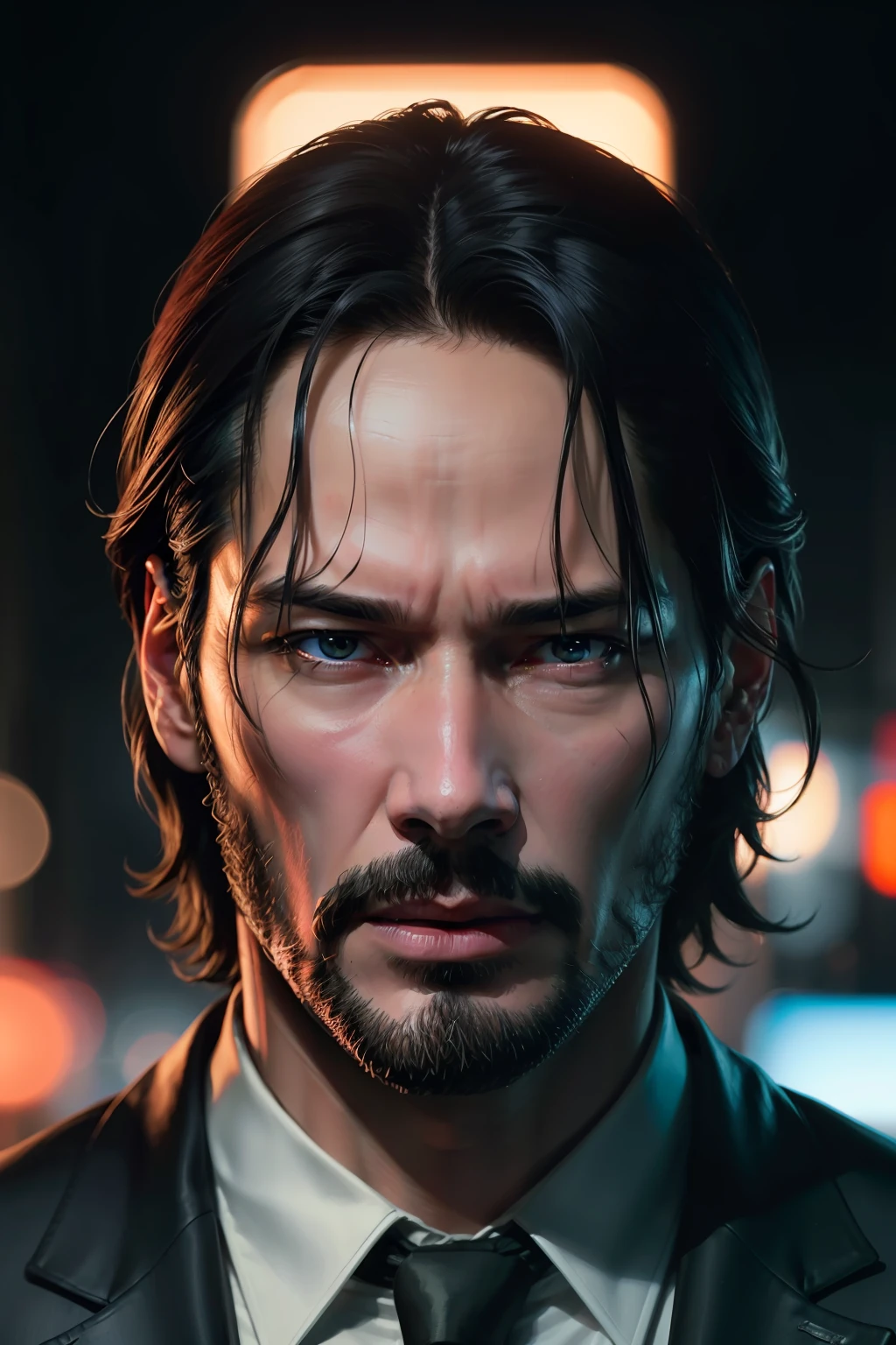 Keanu Reeves John wick frontal face close up portrait, cold neon lights, neon noir, masterpiece, best quality, photorealistic, ultra detailed.