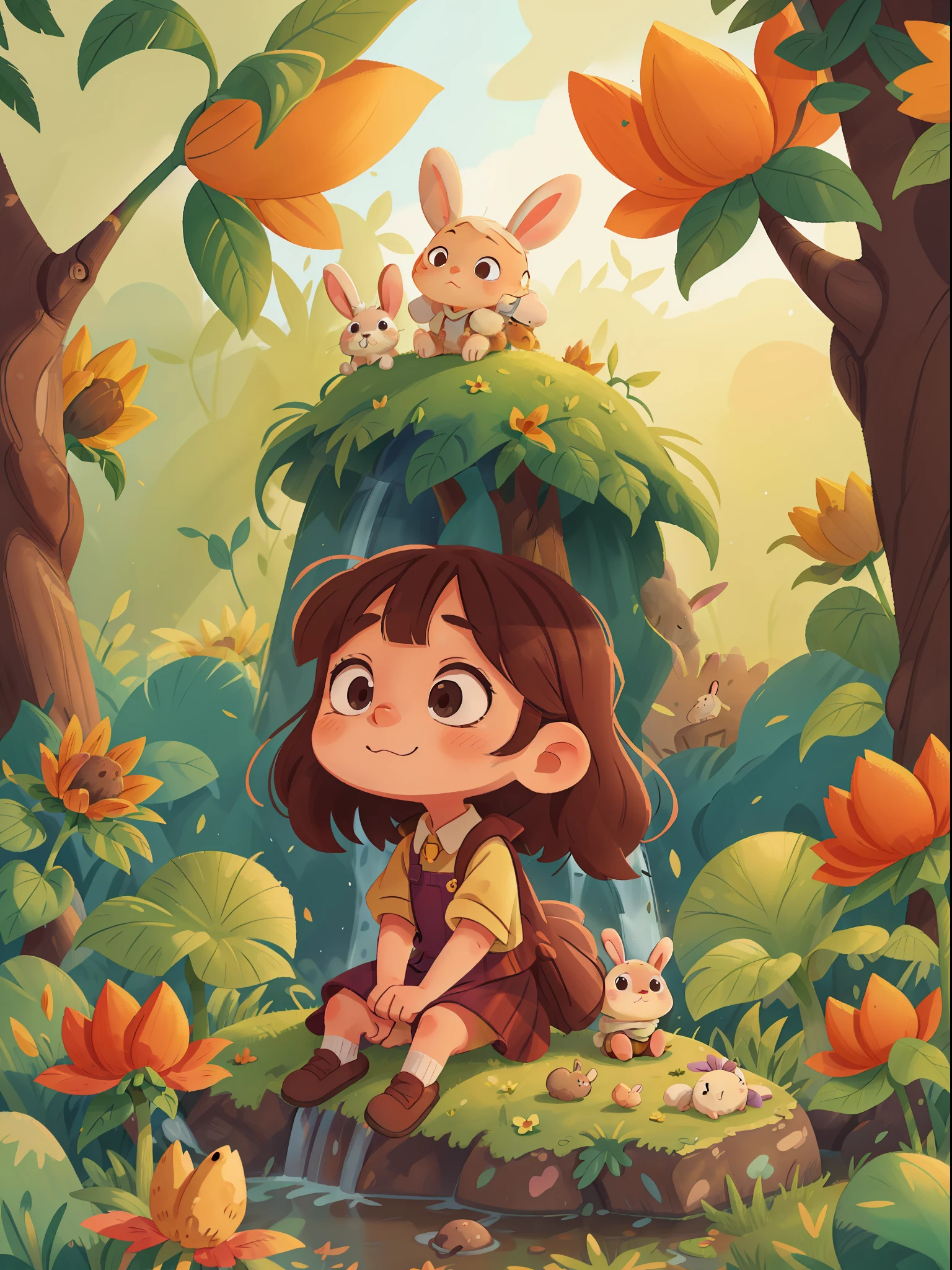 *********** wear hijab, and her rabbit, sitting in the wood, waterfall, sunflower, at the sunny day, The illustration is a high-definition illustration in 4K resolution with highly detailed facial features and cartoon-style visuals.