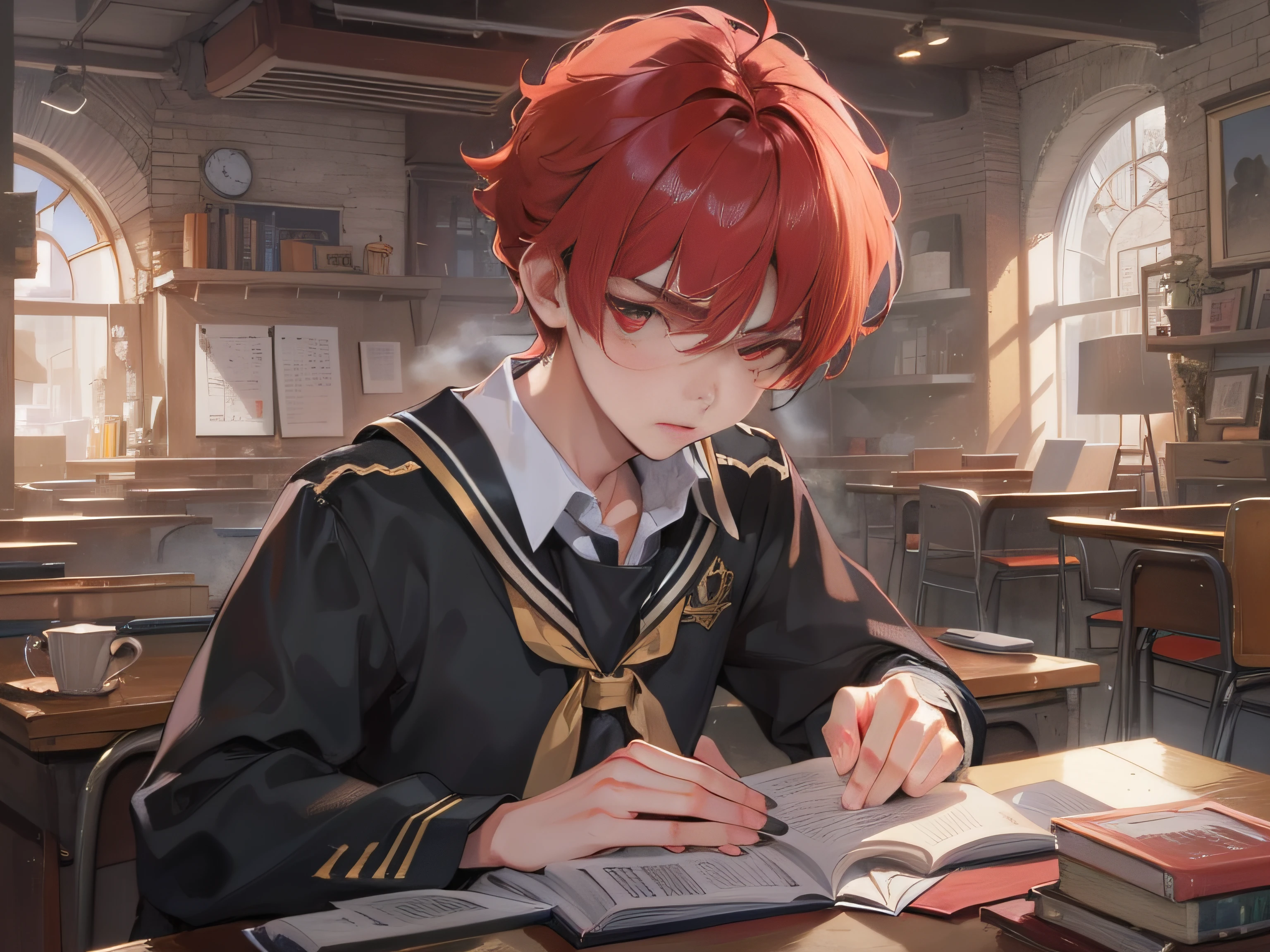An 18-year-old boy with short red hair and a school uniform，Grim expression，whole body display，grand master，tmasterpiece，8k wallpaper，CG，Ultra-high image quality