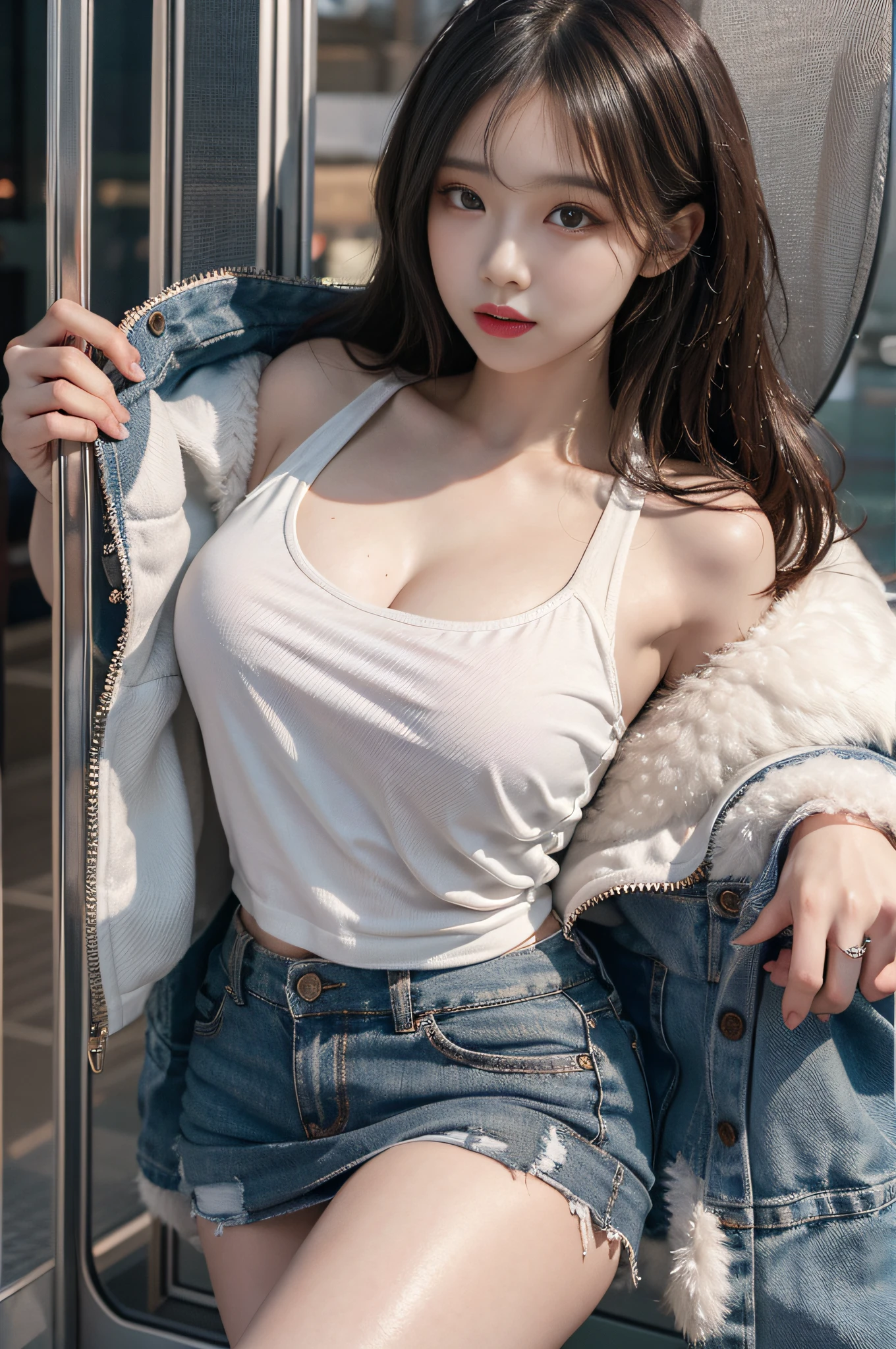 Top image quality、Raw photography、超A high resolution、Cute girl at 18 years old、Shooting for one person only、big round chest、cleavage of the breast、Patterned tank top、Skirt、Shiny hair、Beautiful Eyes of Details、very elongated eyes、Beautiful eyelashes、Beautiful double eyelids、Beautiful legs、very thin thighs、very slender legs、eyeshadows、耳Nipple Ring、Stand in clothes、Stand while seducing a man、Sexy outfits