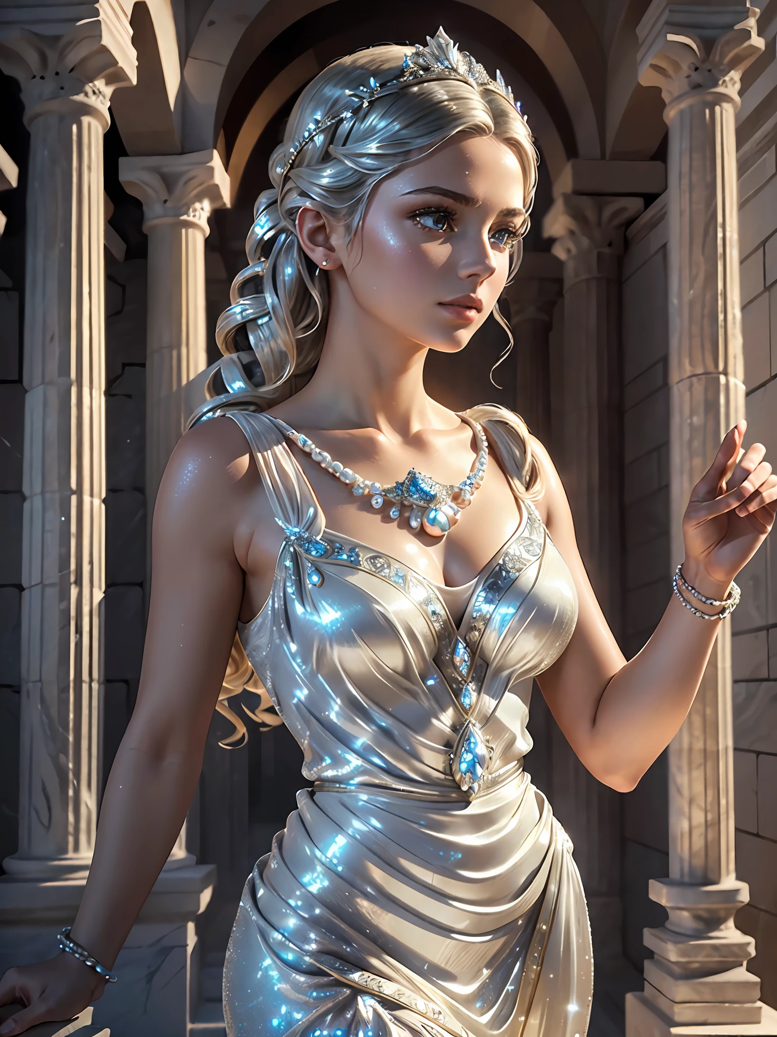 (masterpiece), (best quality), ((ultra-detailed)), (hyperrealistic), (highly detailed photo), cinematic lighting, photorealistic, extremely beautiful young lady in the marble rocks, dramatic pose, intricate detailed silver glittering ancient greek style pearl dress, shining, gloss, crisp, flirty, epic, focus, artistic, very bright, intricate hairstyle, pattern, bas-relief