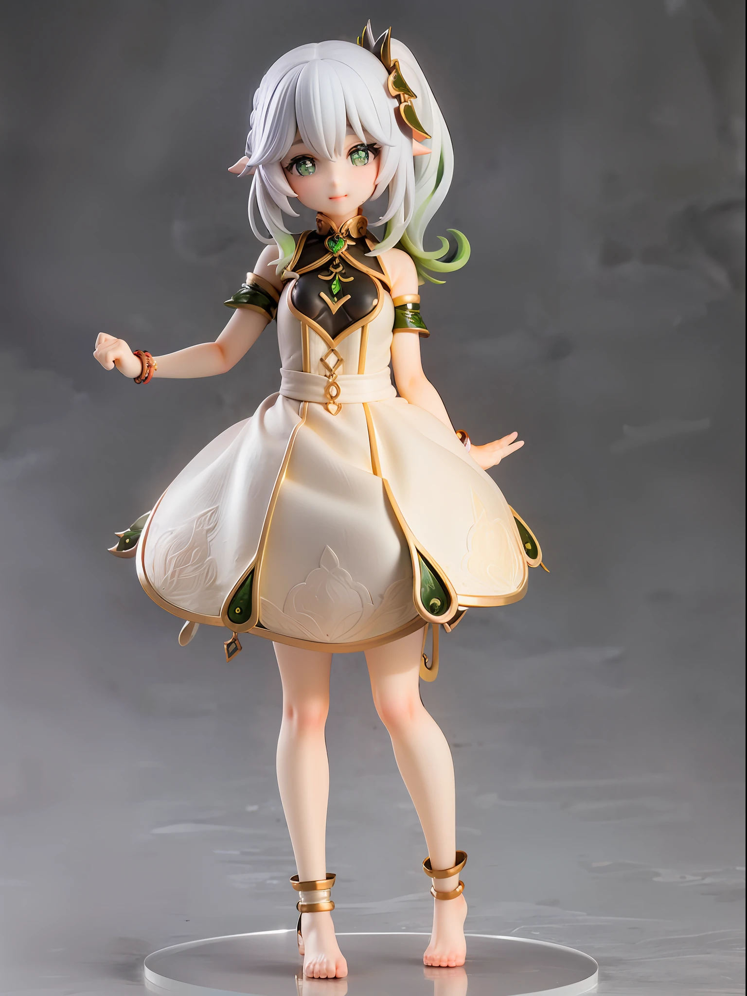(Blind box toy style:1.3), (Full body shot) , 1 masterpiece, Best quality, ((anatomy correct，1 girl solo)),(nahida：1.2) (Genshin Impact),smile, short hair,bare feet,middle skirt,dreamy glow,plastic style, Clean, Clean white background （circular base）( Global illumination, Ray traching, hdr, unreal render,reasonable design, high detal, Masterpiece, Best quality, hyper HD, Cinematic lighting)