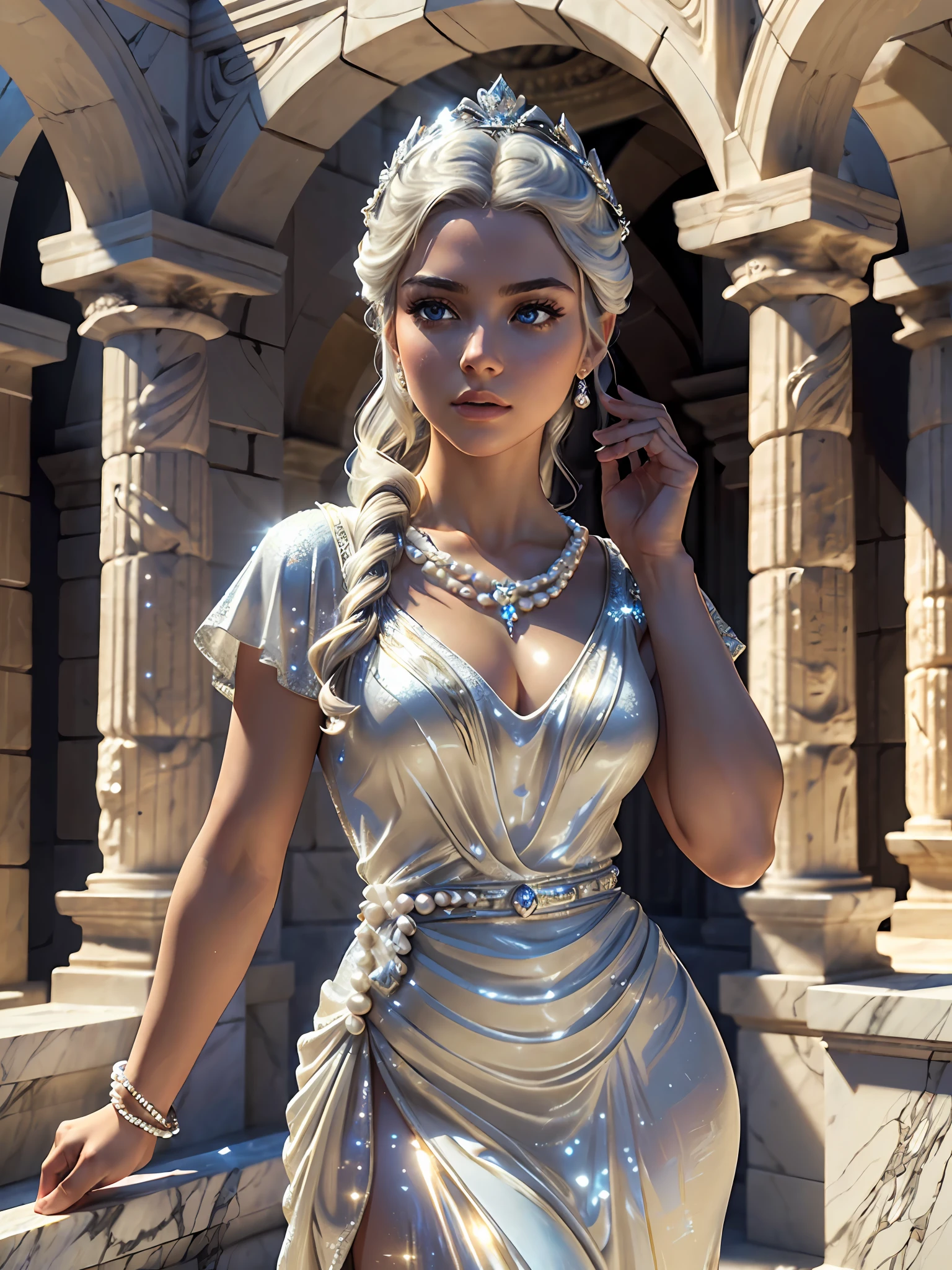 (masterpiece), (best quality), ((ultra-detailed)), (hyperrealistic), (highly detailed photo), cinematic lighting, photorealistic, extremely beautiful young lady in the marble rocks, dramatic pose, intricate detailed silver glittering ancient greek style pearl dress, shining, gloss, crisp, flirty, epic, focus, artistic, very bright, intricate hairstyle, pattern, bas-relief