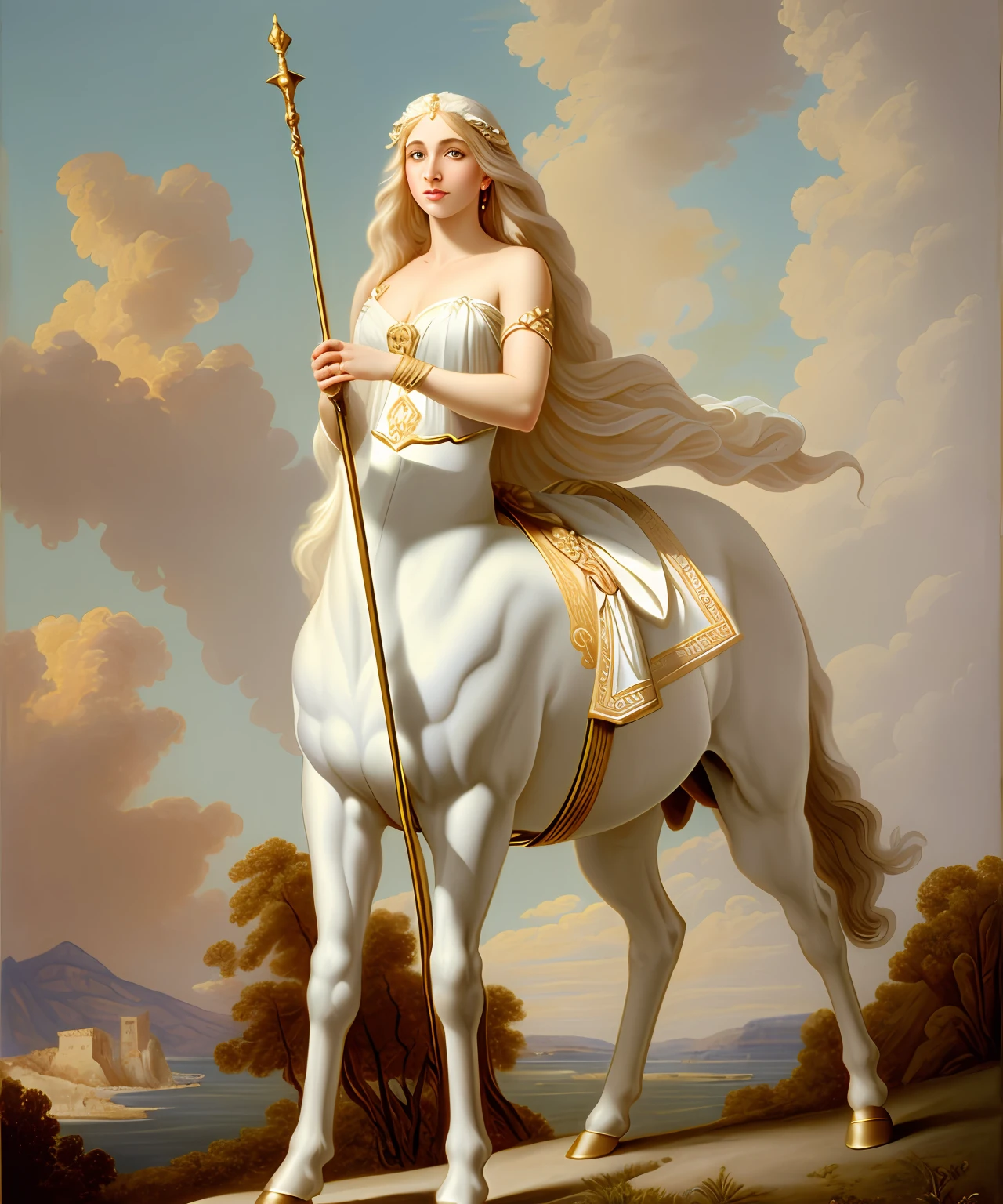 Perfect face, golden hair, beautiful face, distortion free face, perfect eyes, painting of a woman in a white dress humanistic incarnation of white horse, hybrid creature of human and horse, half human half animal, beautiful greek goddess in animal incarnation, beautiful lady in animal incarnation, mythological creature, horse goddess, portrait of celtic goddess diana, inspired by Théodore Chassériau, goddess of greek mythology, by Théodore Chassériau, neoclassical paintings, gorgeous goddess of leo, centaur, neoclassical painting, centaur from greek mythology, by Jean-François de Troy