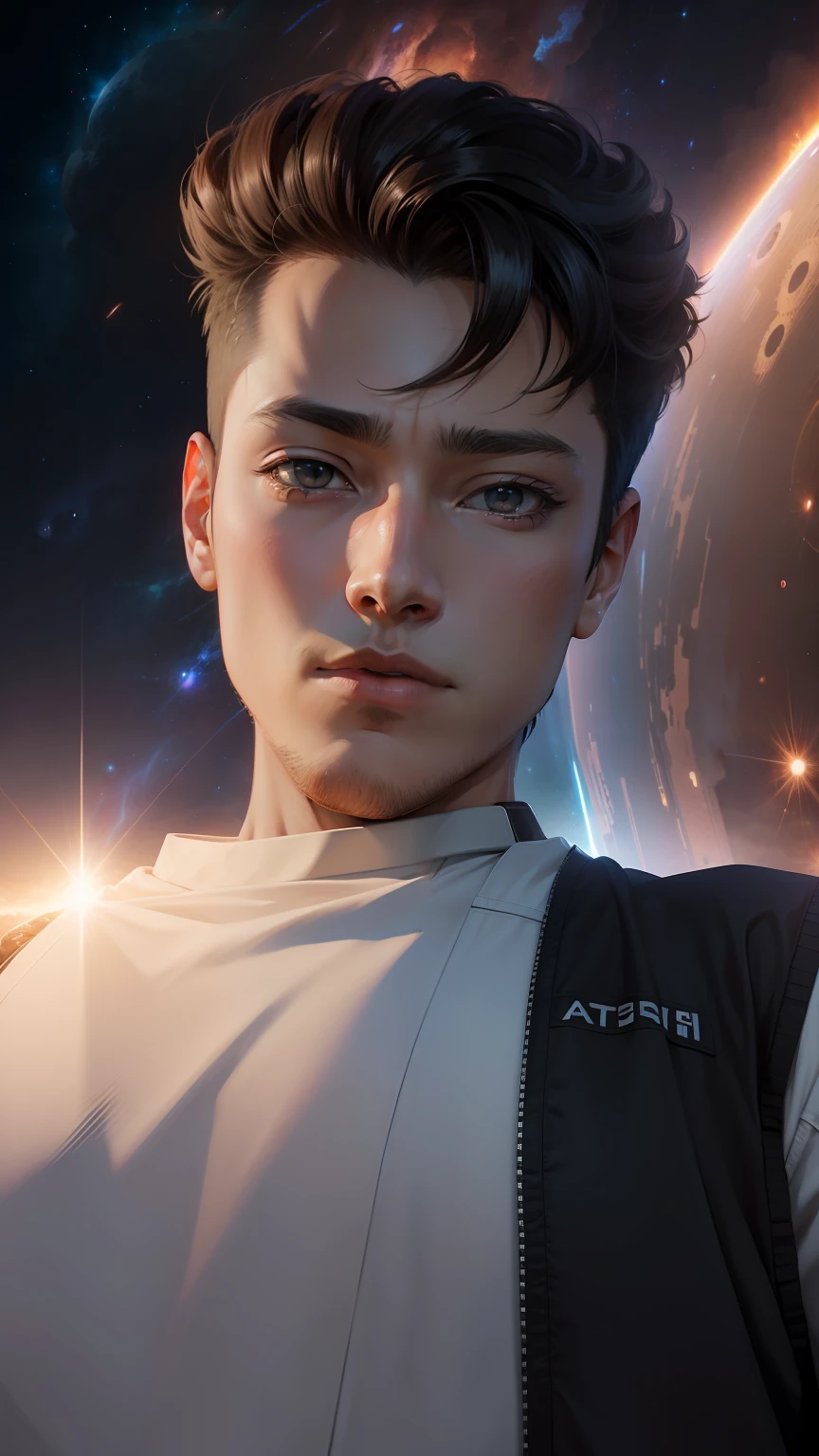 Anime boy, anime face, in the universe, scifi background, solar system, scifi art, ultra hd, ultra graphics, 4k resolution.