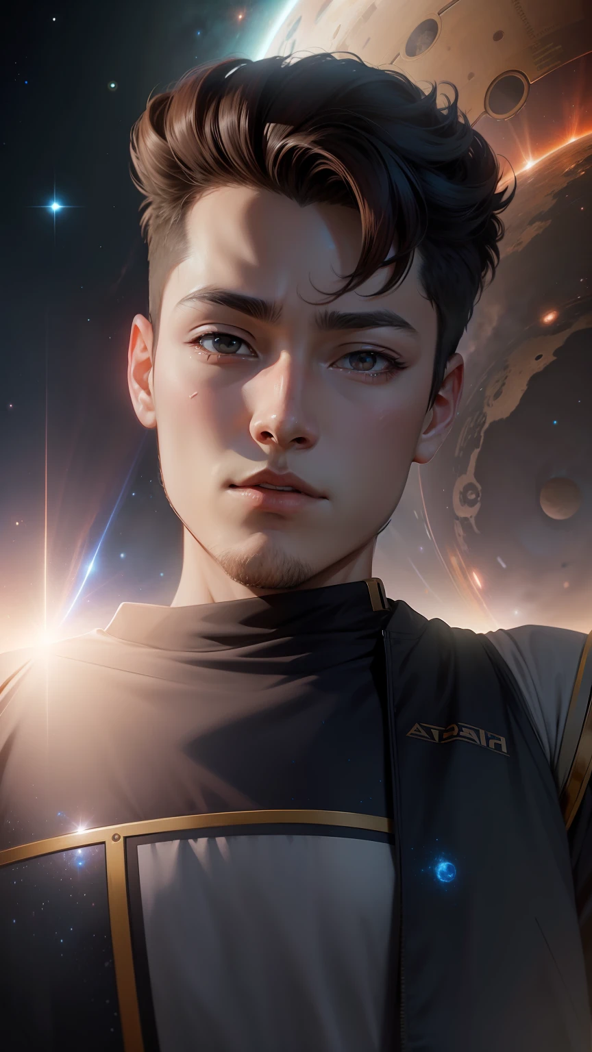 Anime boy, anime face, in the universe, scifi background, solar system, scifi art, ultra hd, ultra graphics, 4k resolution.
