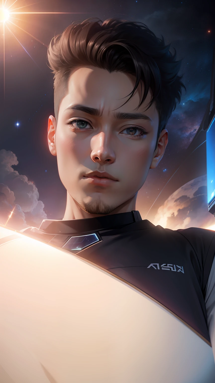 Anime boy, anime face, in the universe, scifi background, solar system, scifi art, ultra hd, ultra graphics, 4k resolution.