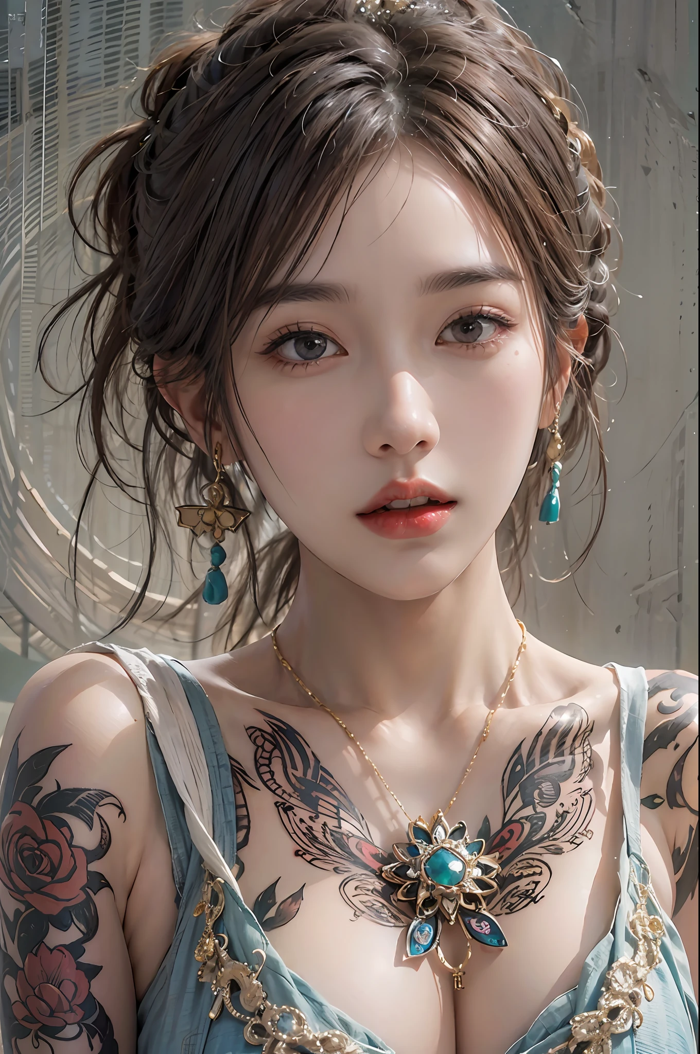 photorealistic, high resolution, 1women, solo, hips up, look at viewer, (detailed face), korean idol style, tattoo, jewelry