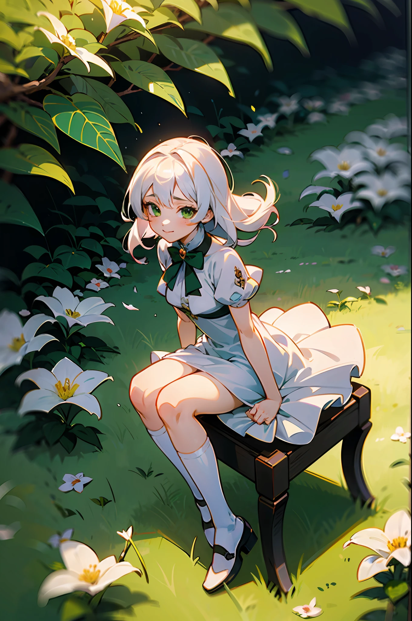 anime girl with white logn hair, wearing white dress , anime moe artstyle, full body,seductive anime girl, sittinng on garden, white and green flowers classroom, cute anime 8 k, , (anime girl), zerochan art, 1girl, h, high res, ultrasharp, 8k, masterpiece, perfect body, perfect face, cute face,