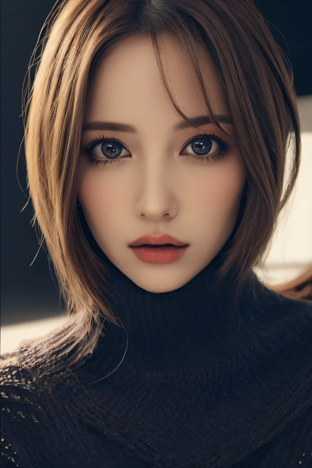 1girll,Mysterious eye close-up,cabelos preto e longos,Sweaters,mesmerizing eyes,A detailed eye,Look up,(Bust)