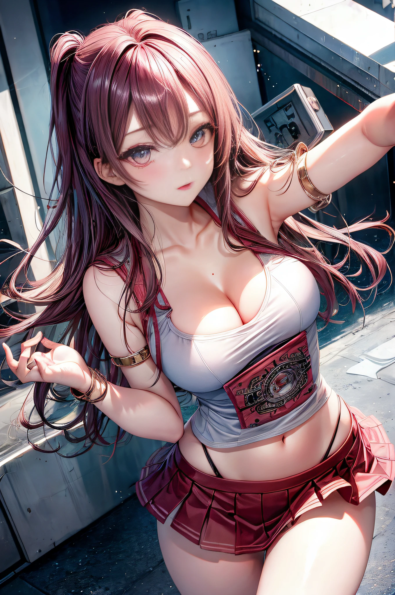 Top image quality、Raw photography、超A high resolution、Cute girl at 18 years old、Shooting for one person only、big round chest、cleavage of the breast、Patterned tank top、Skirt、Shiny hair、Beautiful Eyes of Details、very elongated eyes、Beautiful eyelashes、Beautiful double eyelids、Beautiful legs、very thin thighs、very slender legs、eyeshadows、耳Nipple Ring、Stand in clothes、Stand while seducing a man、Sexy outfits