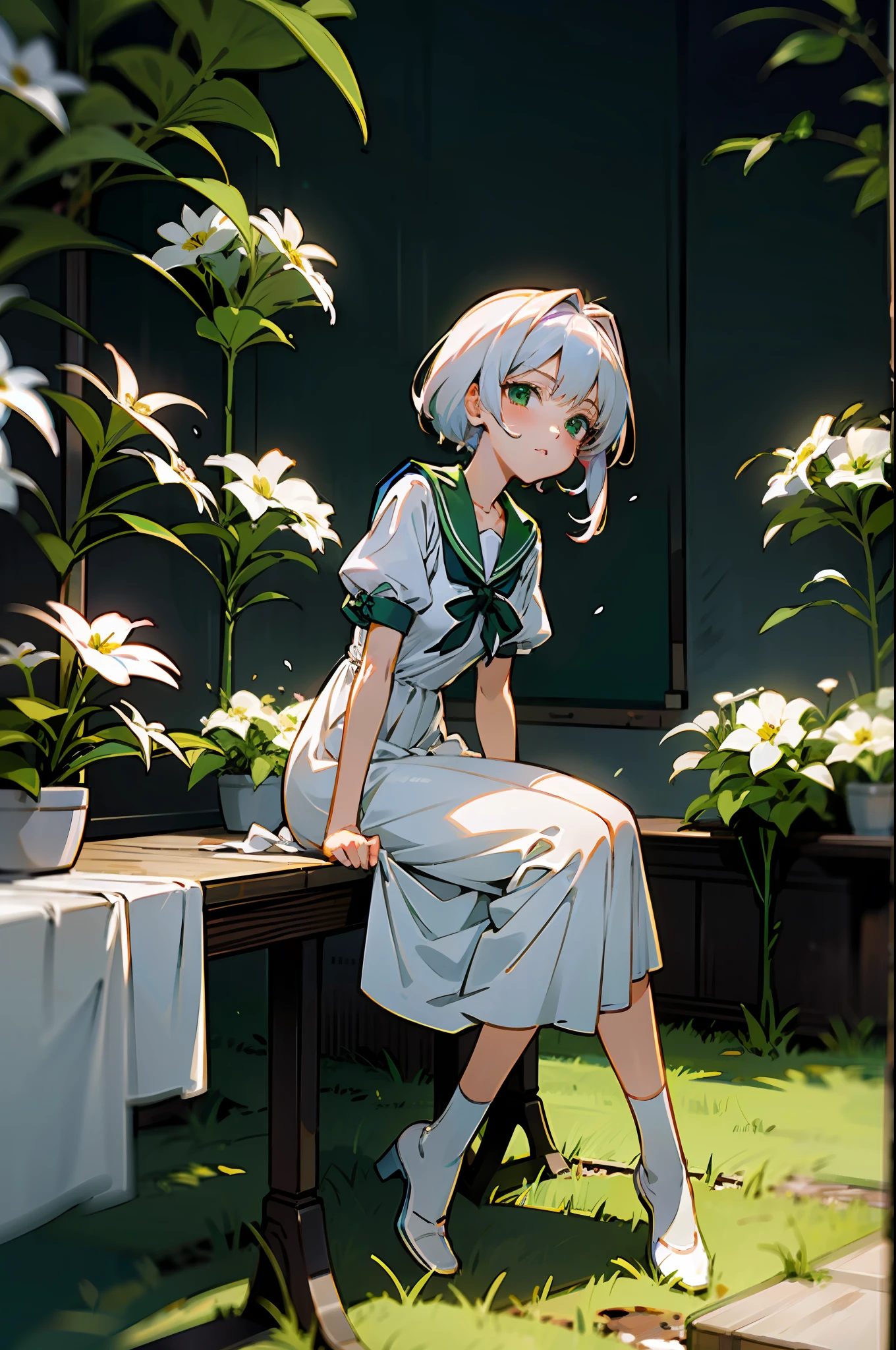 anime girl with white logn hair, wearing white dress , anime moe artstyle, full body,seductive anime girl, sittinng on garden, white and green flowers classroom, cute anime 8 k, , (anime girl), zerochan art, 1girl, h, high res, ultrasharp, 8k, masterpiece, perfect body, perfect face, cute face,