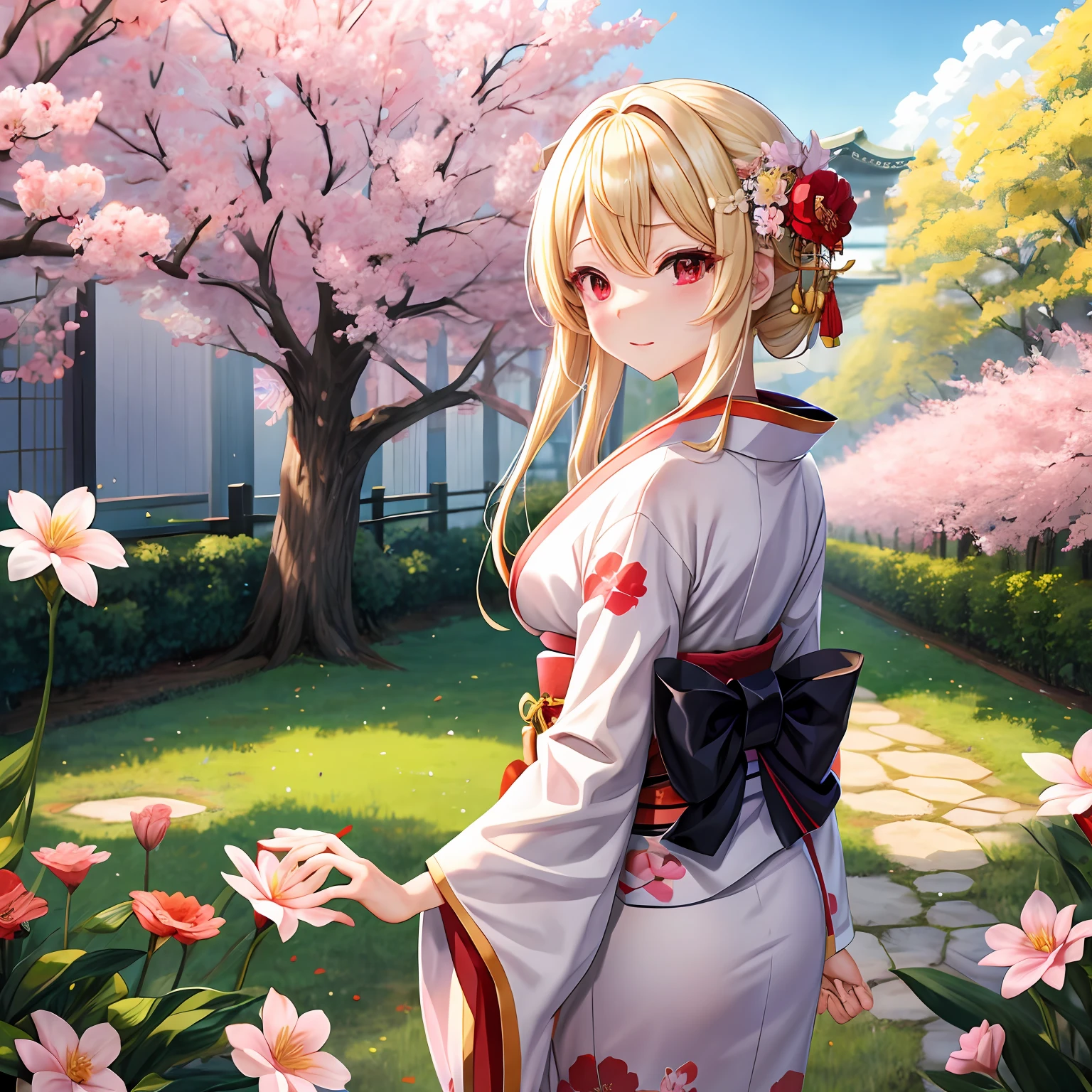 a blond、red eyes、One pretty girl、独奏、animesque、kimono、flower field