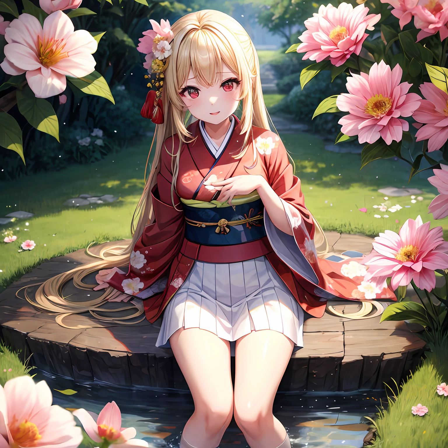 a blond、red eyes、One pretty girl、独奏、animesque、kimono、flower field