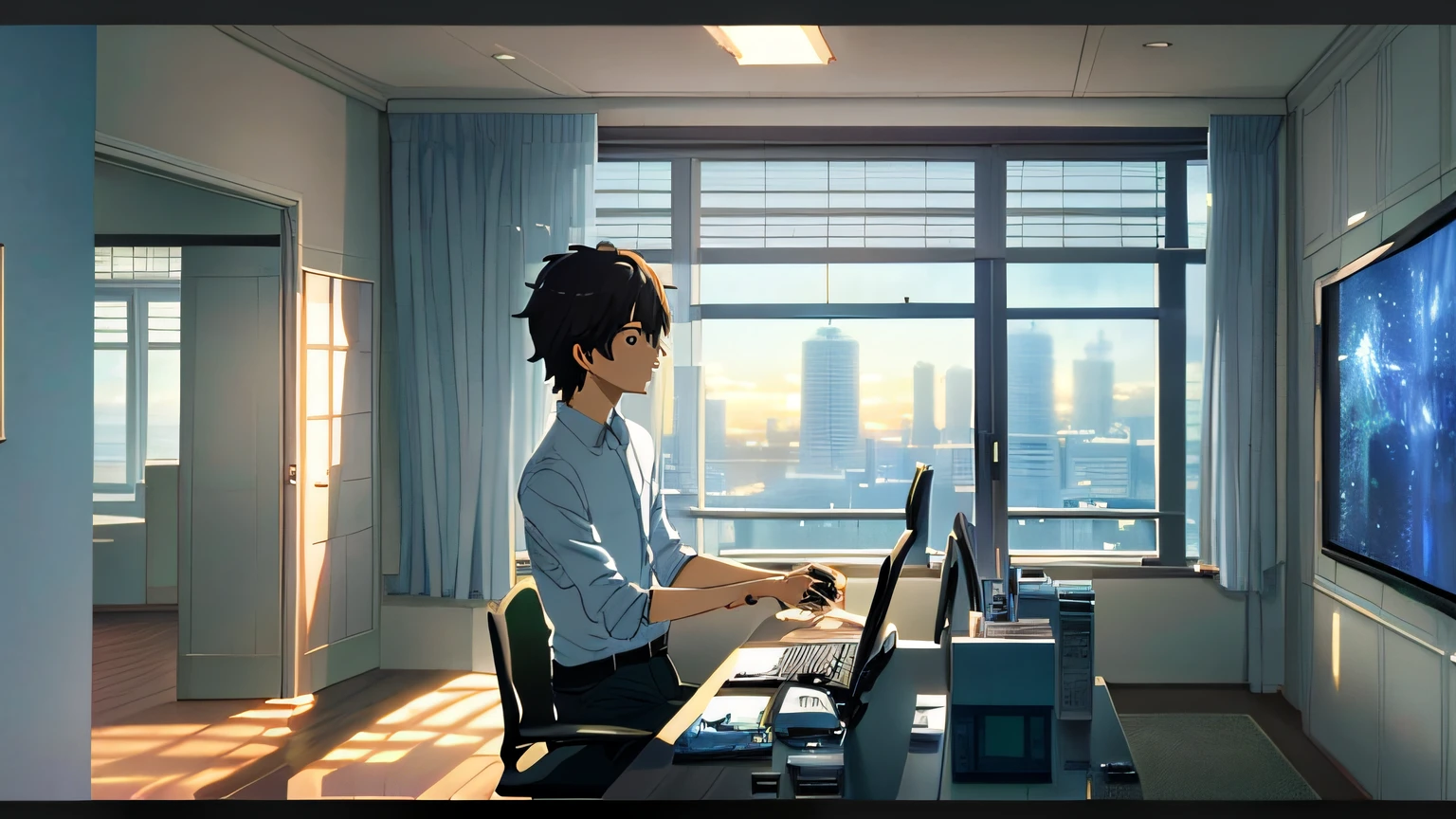 (tmasterpiece,best qualtiy), intricately details, 8K, art stations, the wallpaper, offcial art, splashart, tack sharp focus,Anime scene of a woman typing on a computer in a room, ( ( Makoto Shinkai ) ), screenshot from the anime film, anime movie scene, anime movie screenshot, in the style of makoto shinkai, Makoto Shinkai!!, Shinkai sincerely, Makoto Shinkai!, incredible anime movie scene