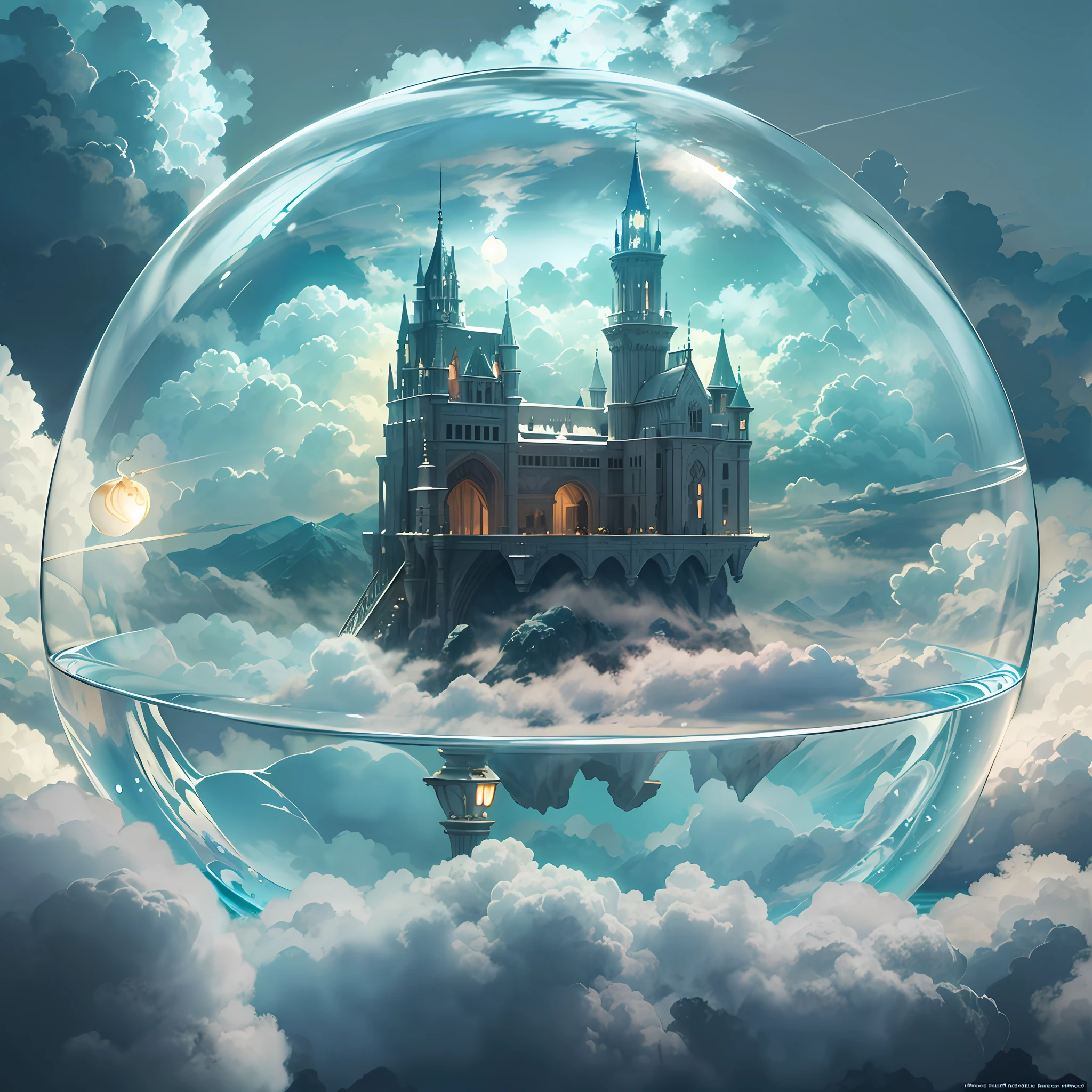 astral-castle on the cloud, lots floating glass ball lamp, perfection, hyper real, ultra fine detailed skin, ultra quality, cinematic still, 16k, conceptual contrast, fantastic realism,