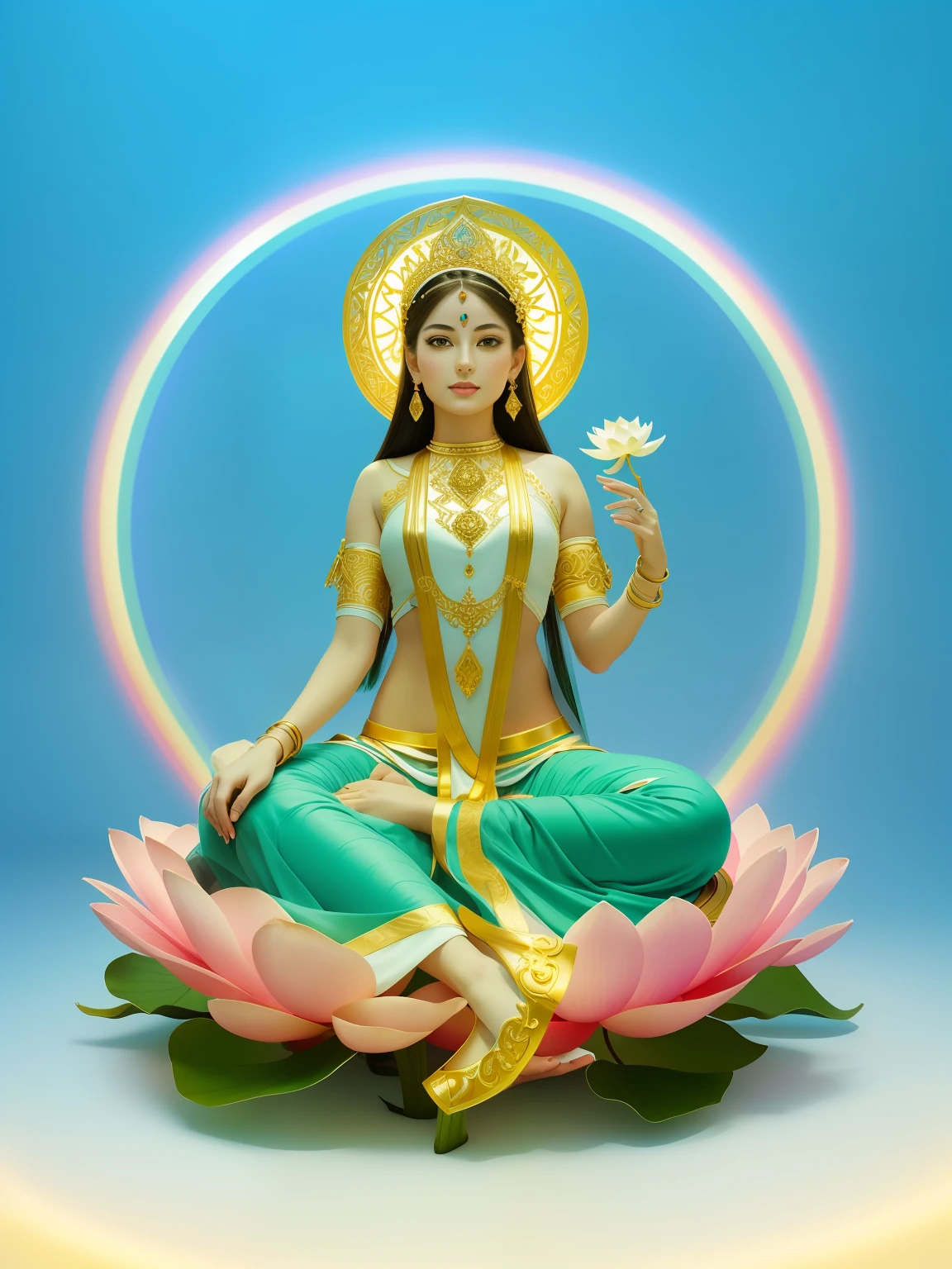 In the void, There is a beautiful virgin sitting leisurely in a lotus,Five-color sky,Perfect body posture,Delicate and radiant skin,(((White clothes))),(((Light red skirt))),(((White pants))),Barefoot,(Long curved eyebrows),Beautiful eyes sparkle,The large, Jewel-like eyes sparkle,Clear pupils have reflected light,二重まぶた,Lying silkworm,looks into camera,((Plump and rosy lips)) Clearly visible,((Flushed cheeks)),The mandible is plump,Green skin is delicate and smooth,Delicate skin translucent,A delicate and dexterous crown,inlaid gemstones,Delicate and skillfully set gemstones,Perfectly designed jewelry is exquisite,Beautiful eyes looking directly at the camera,((Pinch the stem of the lotus flower with one hand)),(((nice hand))),((((Good feet))),(((good legs))),realisticlying,white skinned,((Correct body structure)),Golden costume,decorated in white,Blue sky,Head background with round light,Behind him is a colorful rainbow circle,Color glow is turned on,Front lighting,Positive light,No shadows on the face,There are no shadows on the body,Blue sky,Unreal space,ethereal world,dreamworld,with blue sky and white clouds,tmasterpiece,4K,ultra-definition,professional photoshooting,Perspective looks up,Standard lens shooting,