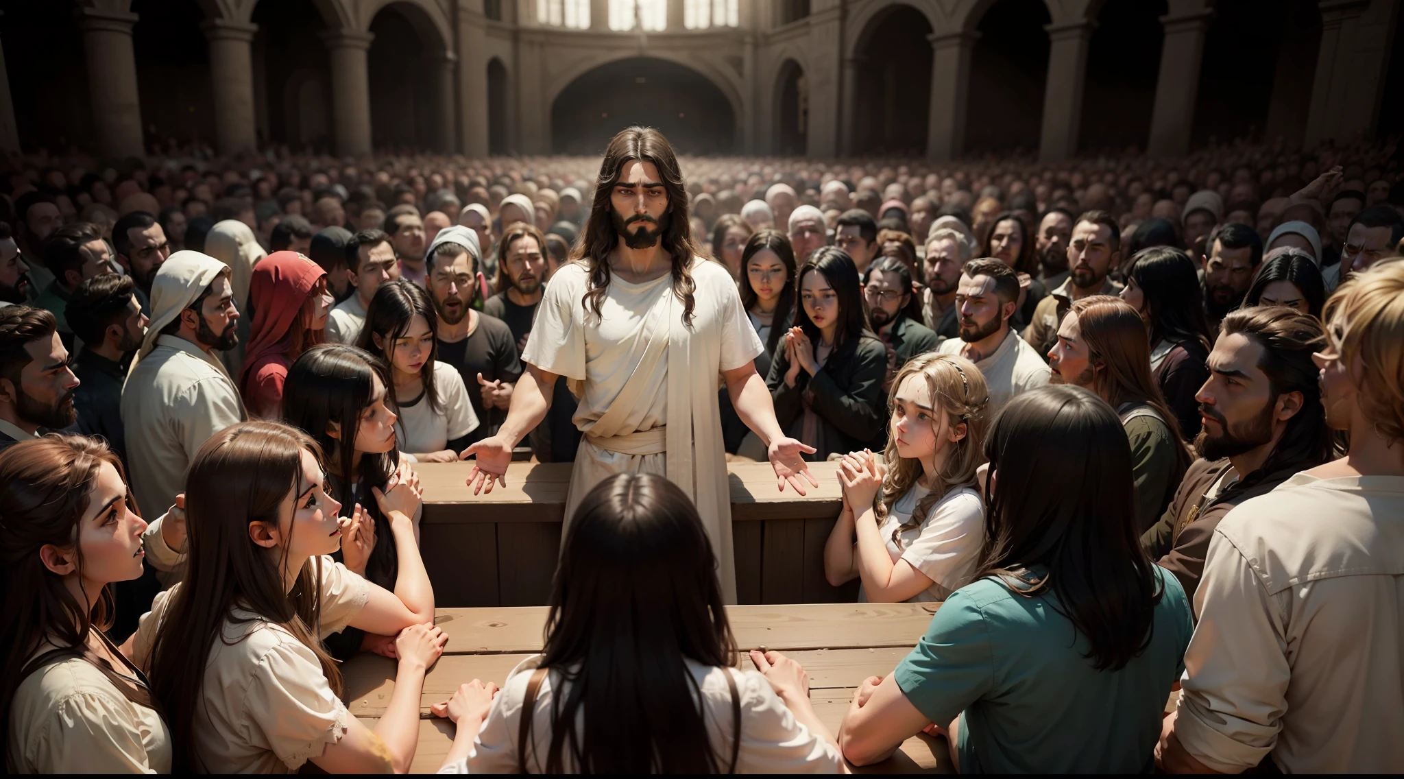 A final image showing Jesus and the crowd, united by the lesson in compassion, underscoring the story's theme.