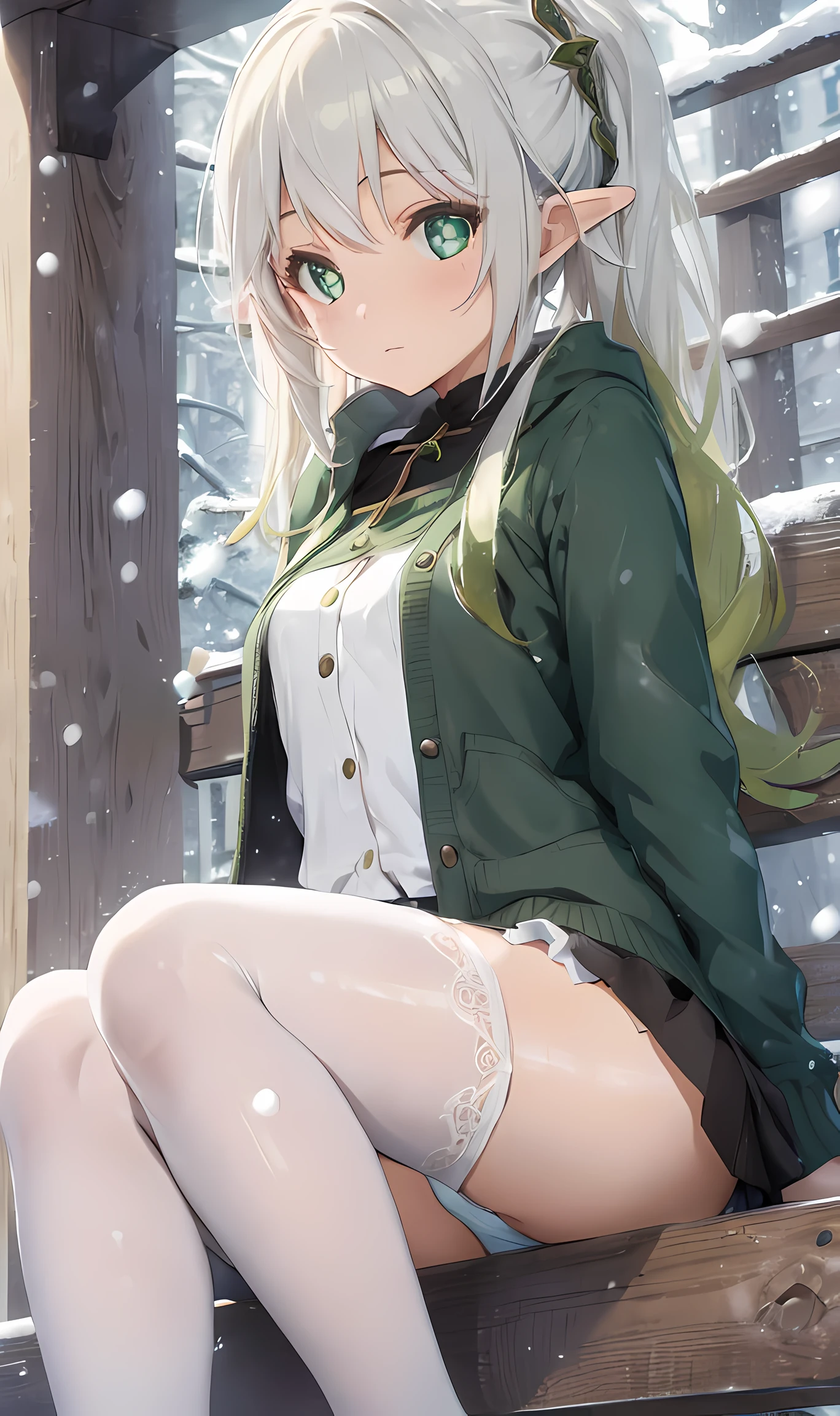Girl sitting on a bench, nahida, pixie, elf ears, Beautiful ears, green colored eyes, people's casual clothes, Pantyhose, White tights, Winter time, snowing, little chest, You can see the underpants, upskirt, blackskirt, Elf Girl, 8k graphics High-quality detailed graphics, ((Masterpiece)), Top Quality, accuracy, ((((super detaill))))