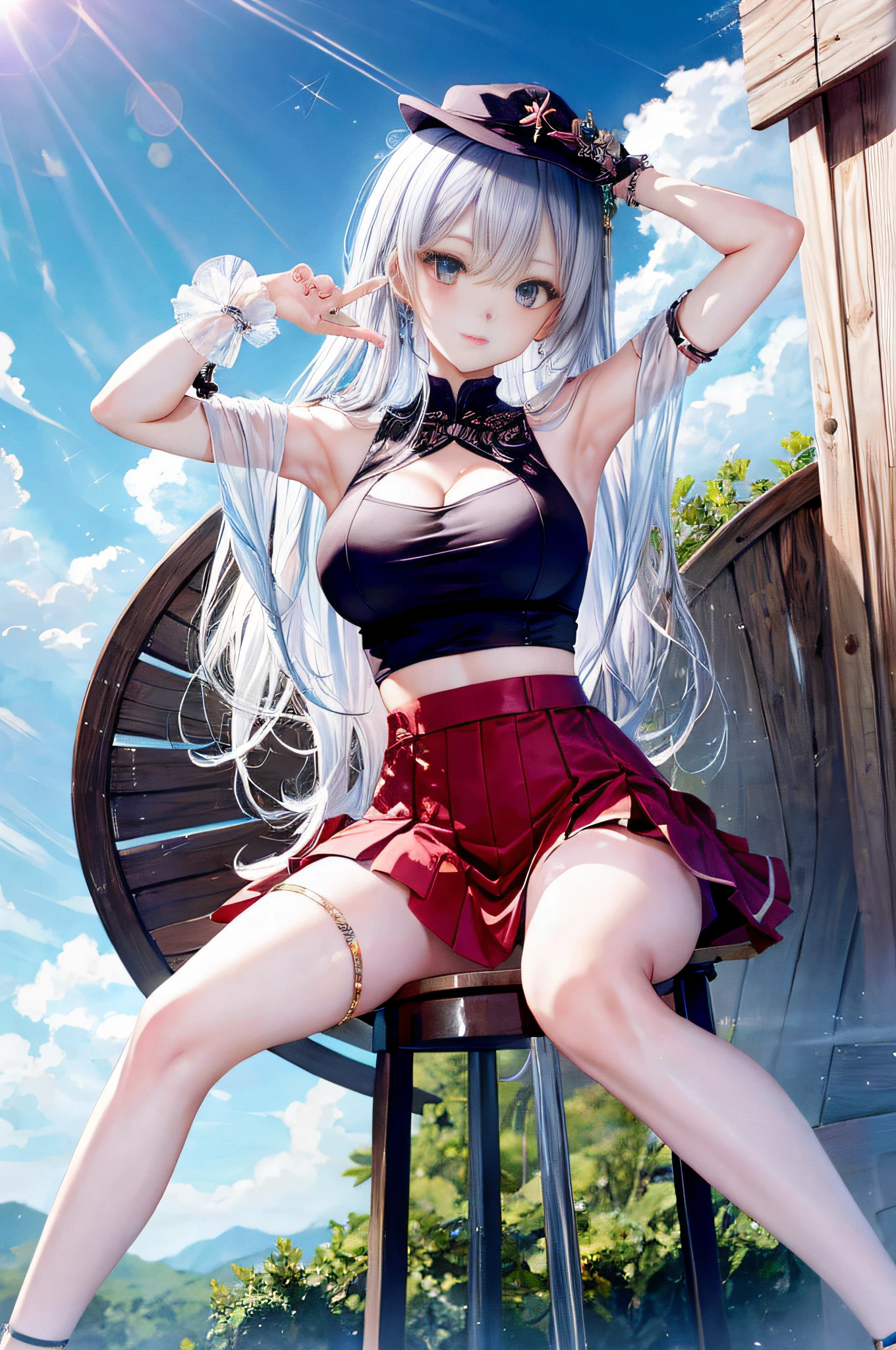 Top image quality、Raw photography、超A high resolution、Cute girl at 18 years old、Shooting for one person only、big round chest、cleavage of the breast、Patterned tank top、Skirt、Shiny hair、Beautiful Eyes of Details、very elongated eyes、Beautiful eyelashes、Beautiful double eyelids、Beautiful legs、very thin thighs、very slender legs、eyeshadows、耳Nipple Ring、Posing like a fashion model、Wear clothes of famous designers、Summer and autumn costumes