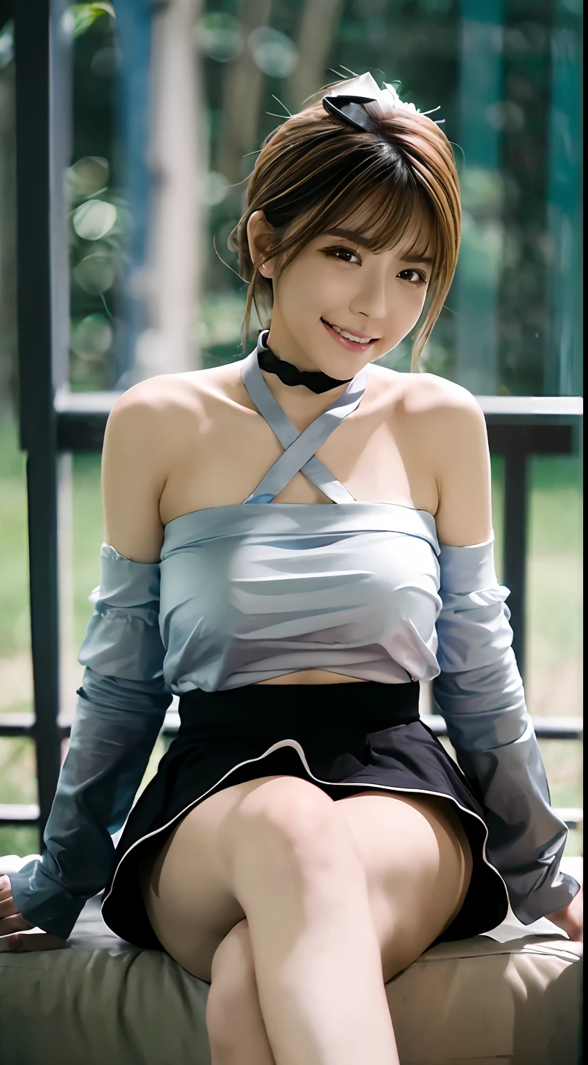 top-quality、超A high resolution、(Photorealsitic:1.4)、1人、Off-shoulder white shirt、Black tight skirt、Black Choker、(faded ash gray hair:1)、(huge-breasted:1.2)、looking at viewert、Open your legs、a smile