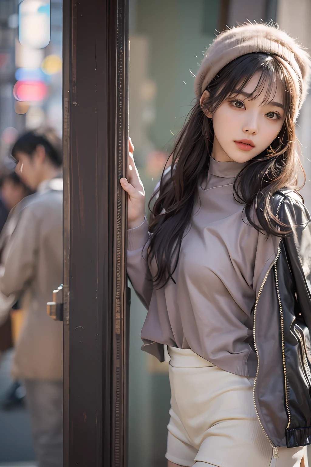 Araffe asian woman in a gray top and white shorts posing for a picture ...