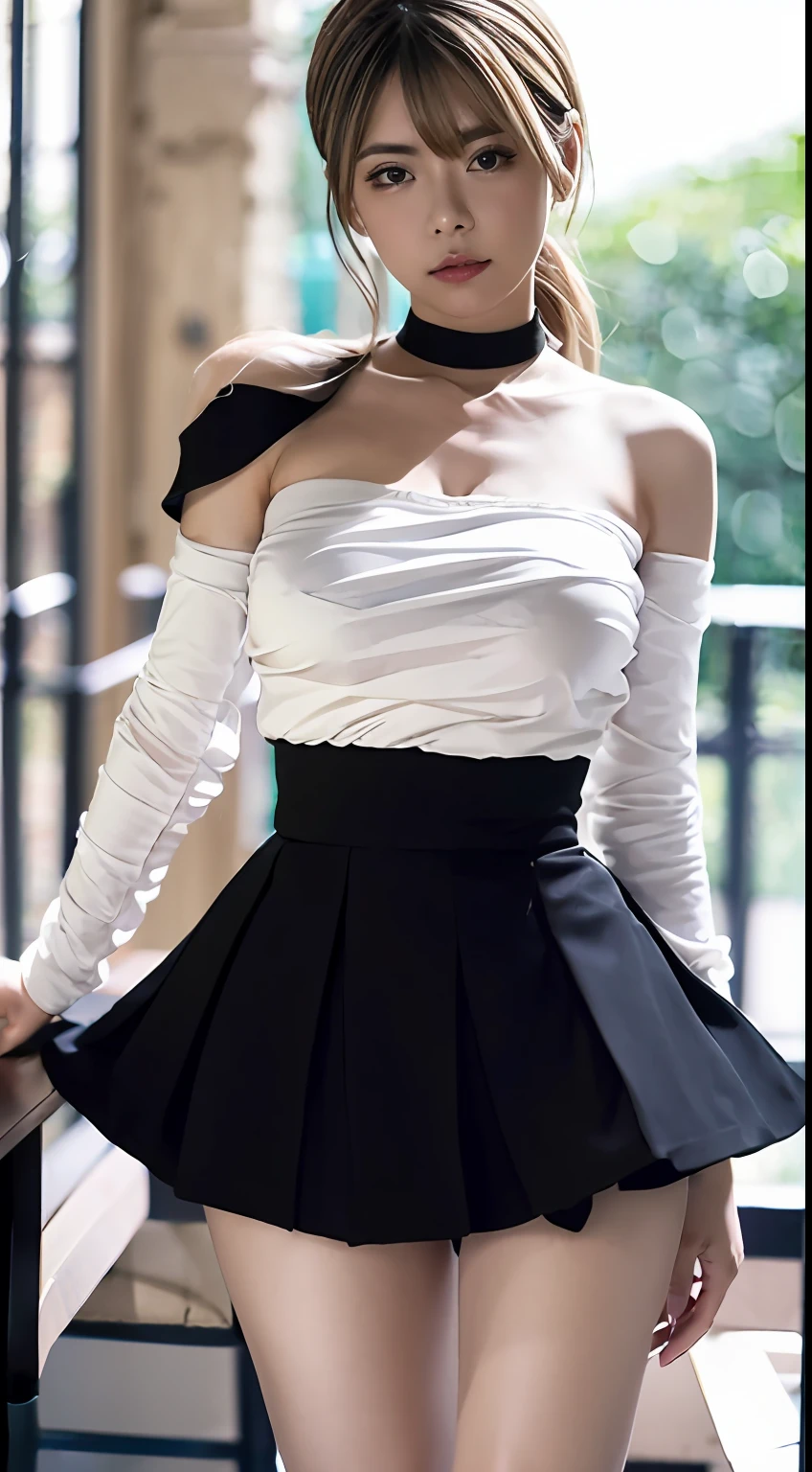 top-quality、超A high resolution、(Photorealsitic:1.4)、女の子1人、Off-shoulder white shirt、Black tight skirt、Black choker、(faded ash gray hair:1)、(huge-breasted:1.2)、looking at viewert、Open your legs