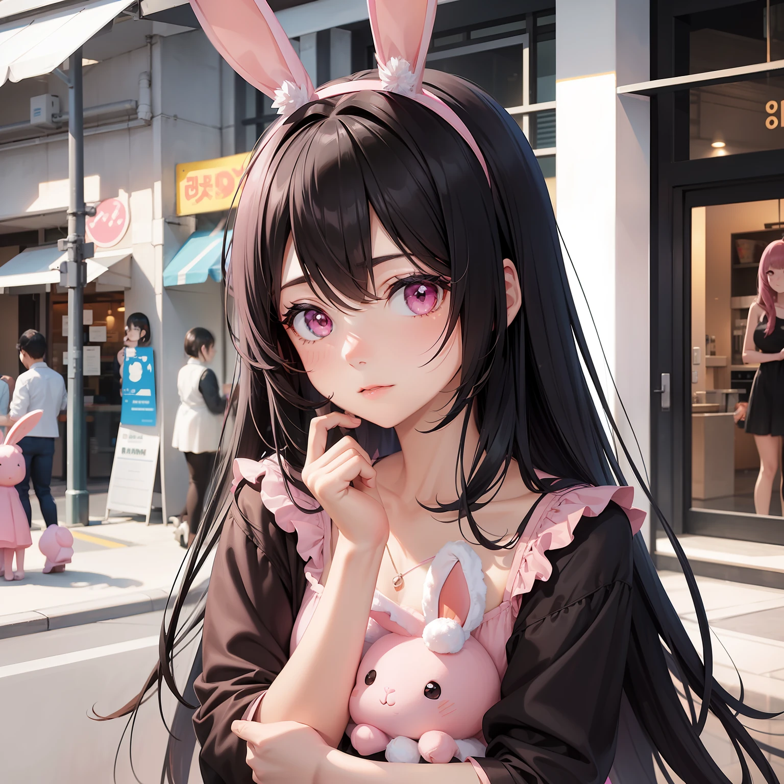 a women, pink bunny ears, black hair, pink eyes, pink dress