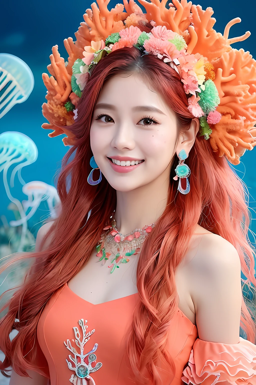 (extra detailed body、extra detailed face、best qualtiy:1.2)、femele、looking at the viewers、(Large hair ornament with pink afro hair and 20 rose flowers。Flashy shoulder-length earrings、a necklace、a smile、Shooting from above)、(Under the sea、Colorful coral reefs、Jellyfish 50:1.4)
