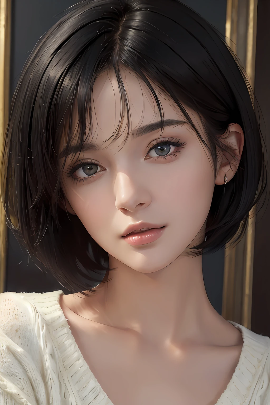(masterpiece:1.3), (8k, photorealistic, RAW photo, best quality: 1.4), (1girl), beautiful face, (realistic face), (black hair, short hair:1.3), beautiful hairstyle, realistic eyes, beautiful detailed eyes, (realistic skin), beautiful skin, (sweater), absurdres, attractive, ultra high res, ultra realistic, highly detailed, golden ratio