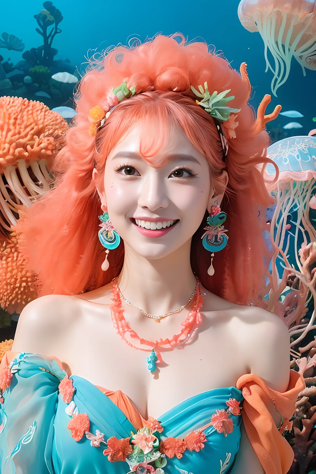 (extra detailed body、extra detailed face、best qualtiy:1.2)、femele、looking at the viewers、(Large hair ornament with pink afro hair and 20 rose flowers。Flashy shoulder-length earrings、a necklace、a smile、Shooting from above)、(Under the sea、Colorful coral reefs、Jellyfish 50:1.4)