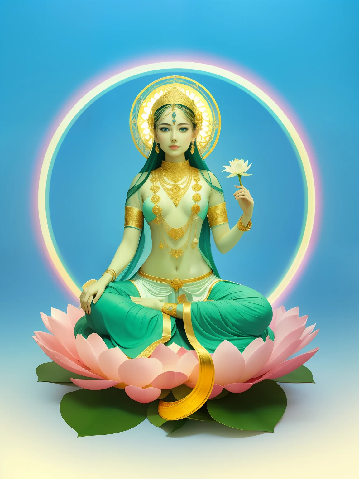 In the void, There is a beautiful virgin sitting leisurely in the lotus,Five-color sky,Perfect body posture,Delicate and radiant skin,(((White clothes))),(((Light red skirt))),(((White pants))),Barefoot,(Long curved eyebrows),Beautiful eyes sparkle,The large, Jewel-like eyes sparkle,Clear pupils have reflected light,二重まぶた,Lying silkworm,looks into camera,((Plump and rosy lips)) Clearly visible,((Flushed cheeks)),The mandible is plump,Green skin is delicate and smooth,Delicate skin translucent,A delicate and dexterous crown,inlaid gemstones,Delicate and skillfully set gemstones,Perfectly designed jewelry is exquisite,Beautiful eyes looking directly at the camera,((Pinch the stem of the lotus flower with one hand)),(((nice hand))),((((Good feet))),(((good legs))),realisticlying,white skinned,((Correct body structure)),Golden costume,decorated in white,Blue sky,Head background with round light,Behind him is a colorful rainbow circle,Color glow is turned on,Front lighting,Positive light,No shadows on the face,There are no shadows on the body,Blue sky,Unreal space,ethereal world,dreamworld,with blue sky and white clouds,tmasterpiece,4K,ultra-definition,professional photoshooting,Perspective looks up,Standard lens shooting,