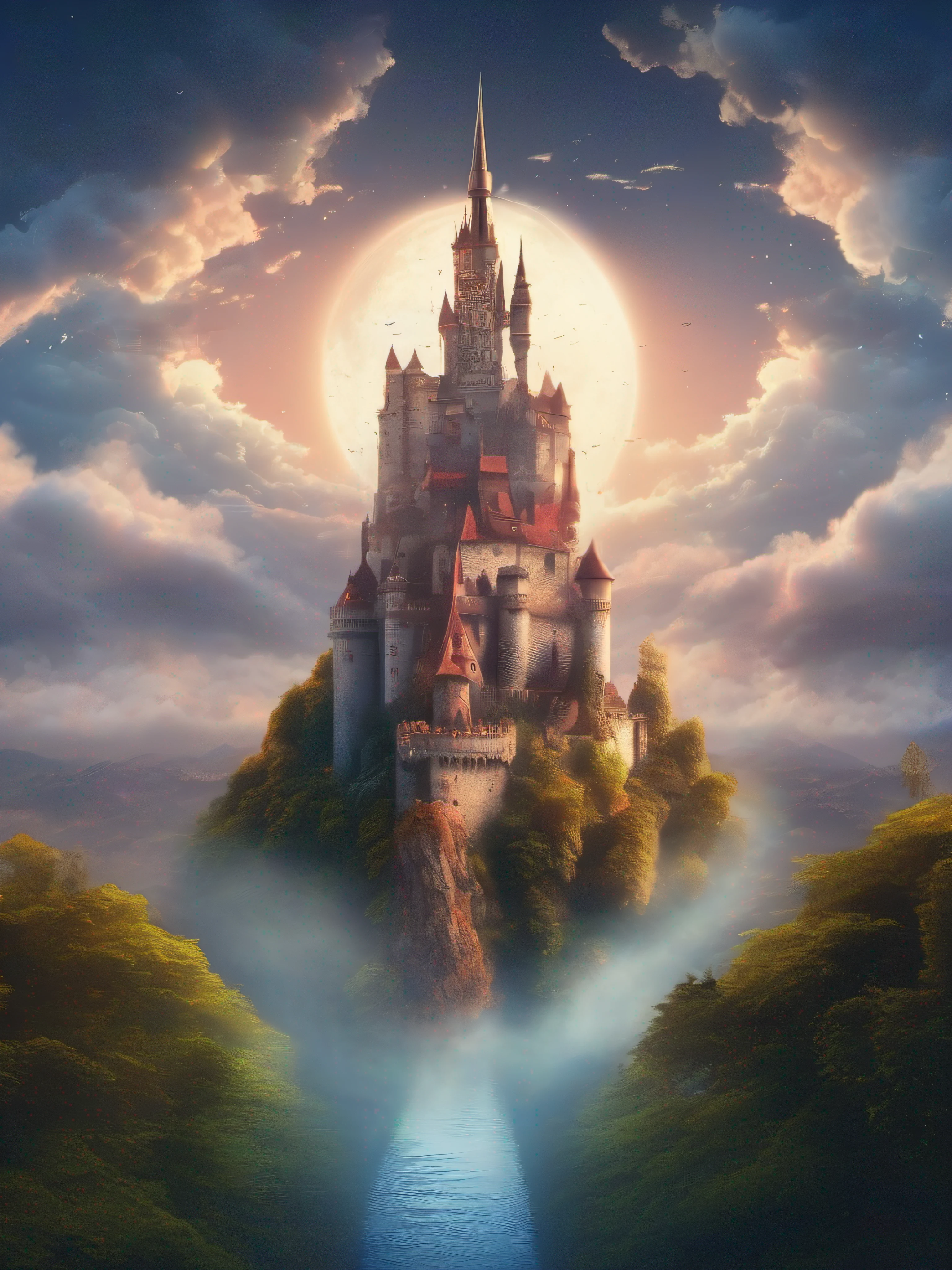 Arafed Castle in the sky with a bright star above, flying cloud castle, Epic Castle, epic fantasy digital art style, fantasy castle, Epic castle with tall spires, Art fantastique 4k, Castle in the clouds, Art Fantasy Behance, Flying castle, high fantasy castle, Castle style in the sky, Castle made of clouds, castle background