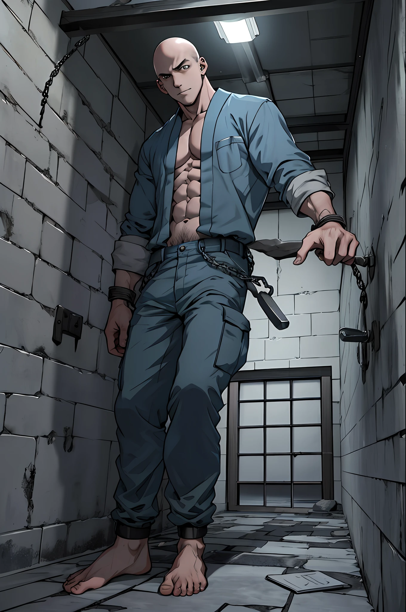 Cold prison,Filthy cells,Bald and abdomen teenage prisoners fidgeted with their feet shackled and chained,2D Bishonen,torture instruments,Icy stone walls,Gloomy lighting,Prisoner abs teenager,Japanese manga style