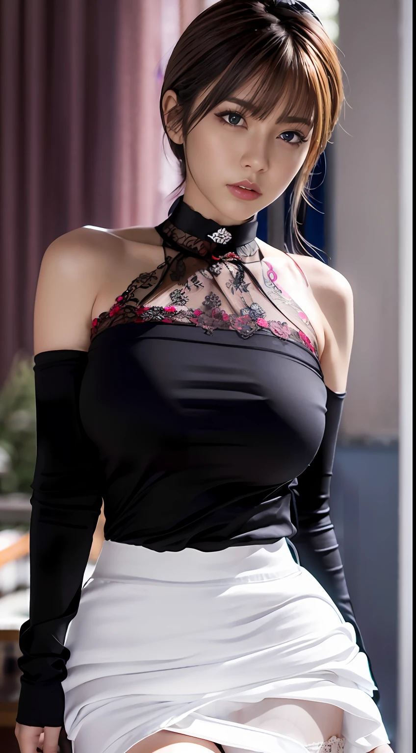 best quality, ultra high res, (photorealistic:1.4), 1girl, off-shoulder white shirt, black tight skirt, black choker, (faded ash gray hair:1), (huge breasts:1.2), looking at viewer, closeup ,