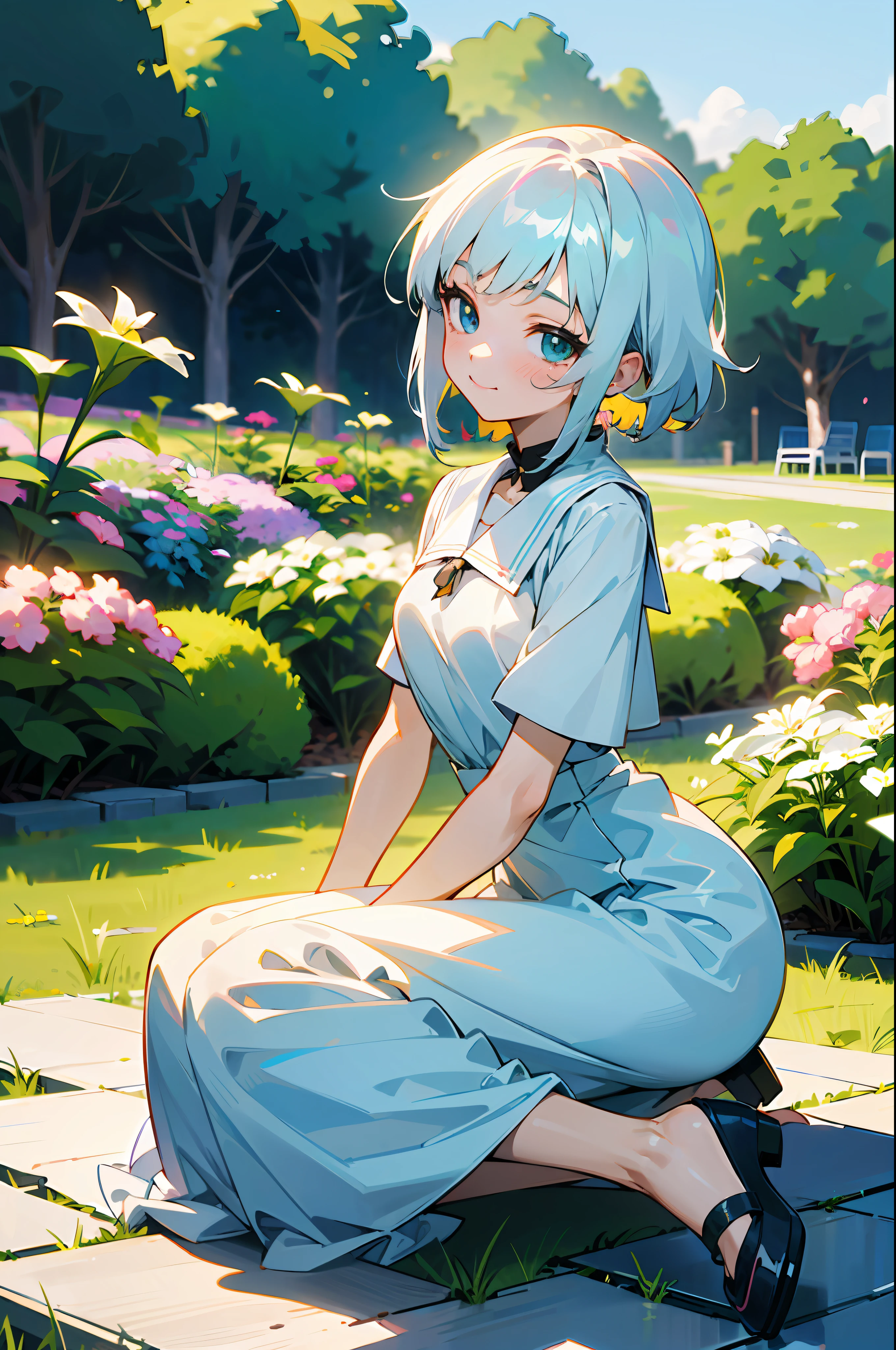 anime girl with white logn hair, wearing white dress , anime moe artstyle, full body,seductive anime girl, sittinng on garden, white and green flowers classroom, cute anime 8 k, , (anime girl), zerochan art, 1girl, h, high res, ultrasharp, 8k, masterpiece, perfect body, perfect face, cute face,