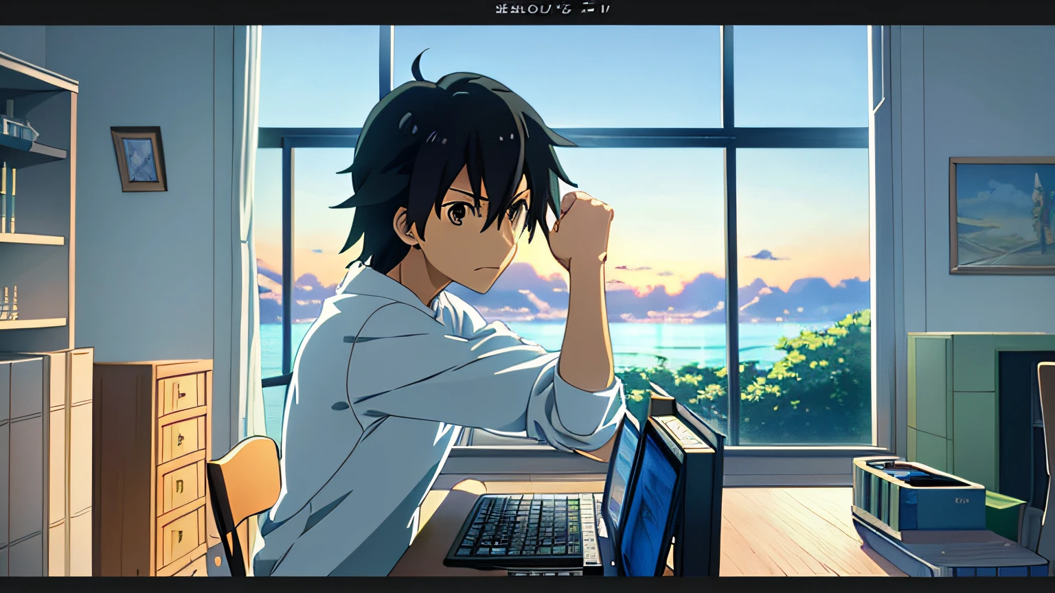 （tmasterpiece，best qualtiy）， intricately details， 8K， art  stations， the wallpaper， offcial art， splashart， tack sharp focus，Anime scene of a woman typing on a computer in a room, ( ( Makoto Shinkai ) ), screenshot from the anime film, anime movie scene, anime movie screenshot, in the style of makoto shinkai, Makoto Shinkai!!, Shinkai sincerely, Makoto Shinkai!, incredible anime movie scene