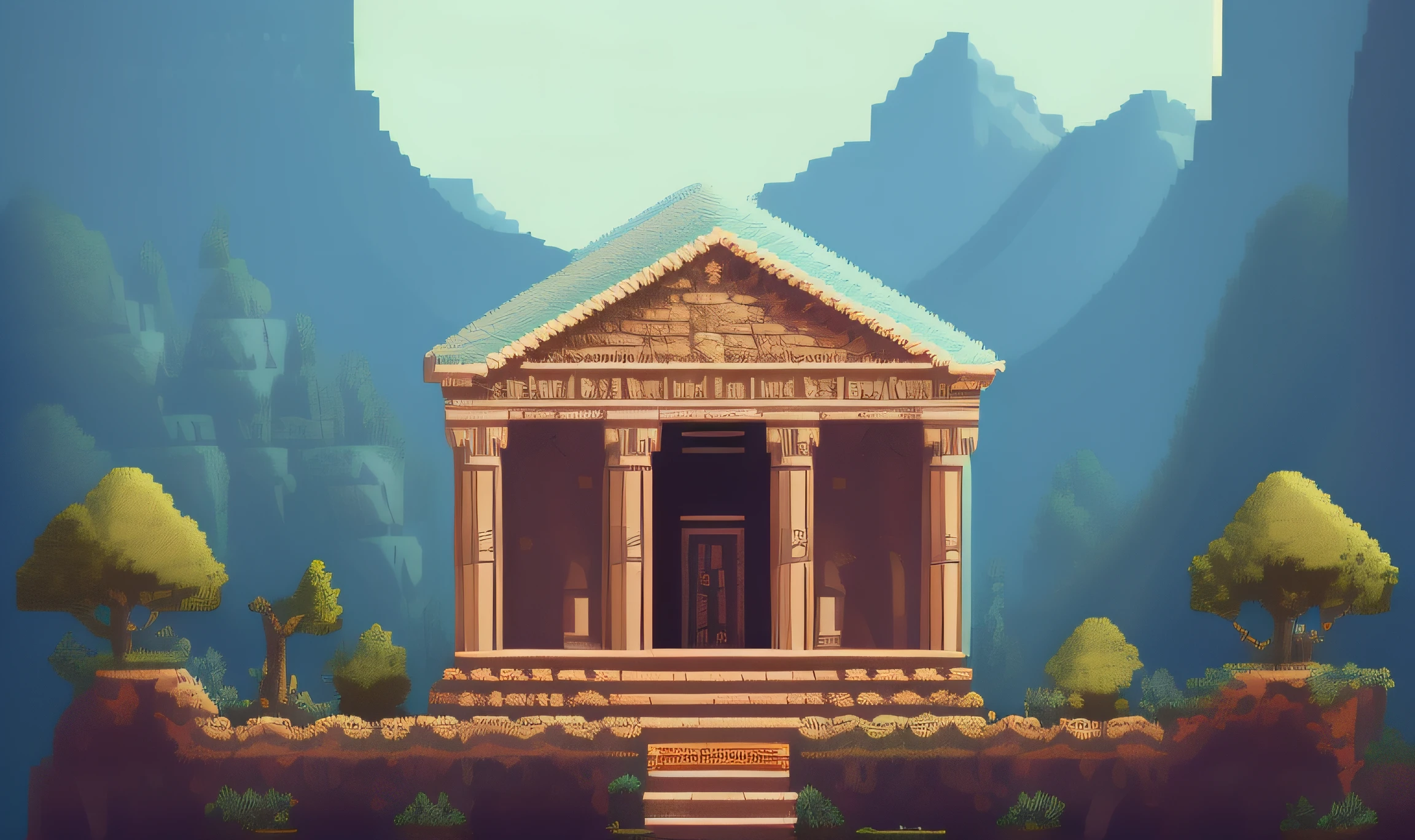 pixelart video game cover art of an ancient Greek pantheon with mountains in the distance, pixelart style