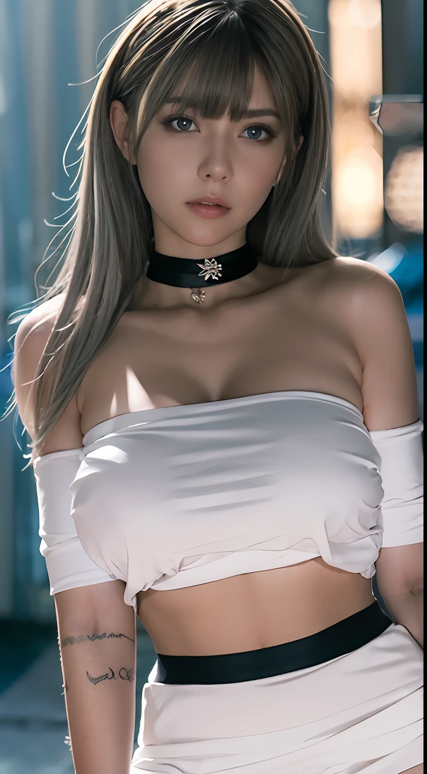 best quality, ultra high res, (photorealistic:1.4), 1girl, off-shoulder white shirt, black tight skirt, black choker, (faded ash gray hair:1), (huge breasts:1.2), looking at viewer, closeup ,