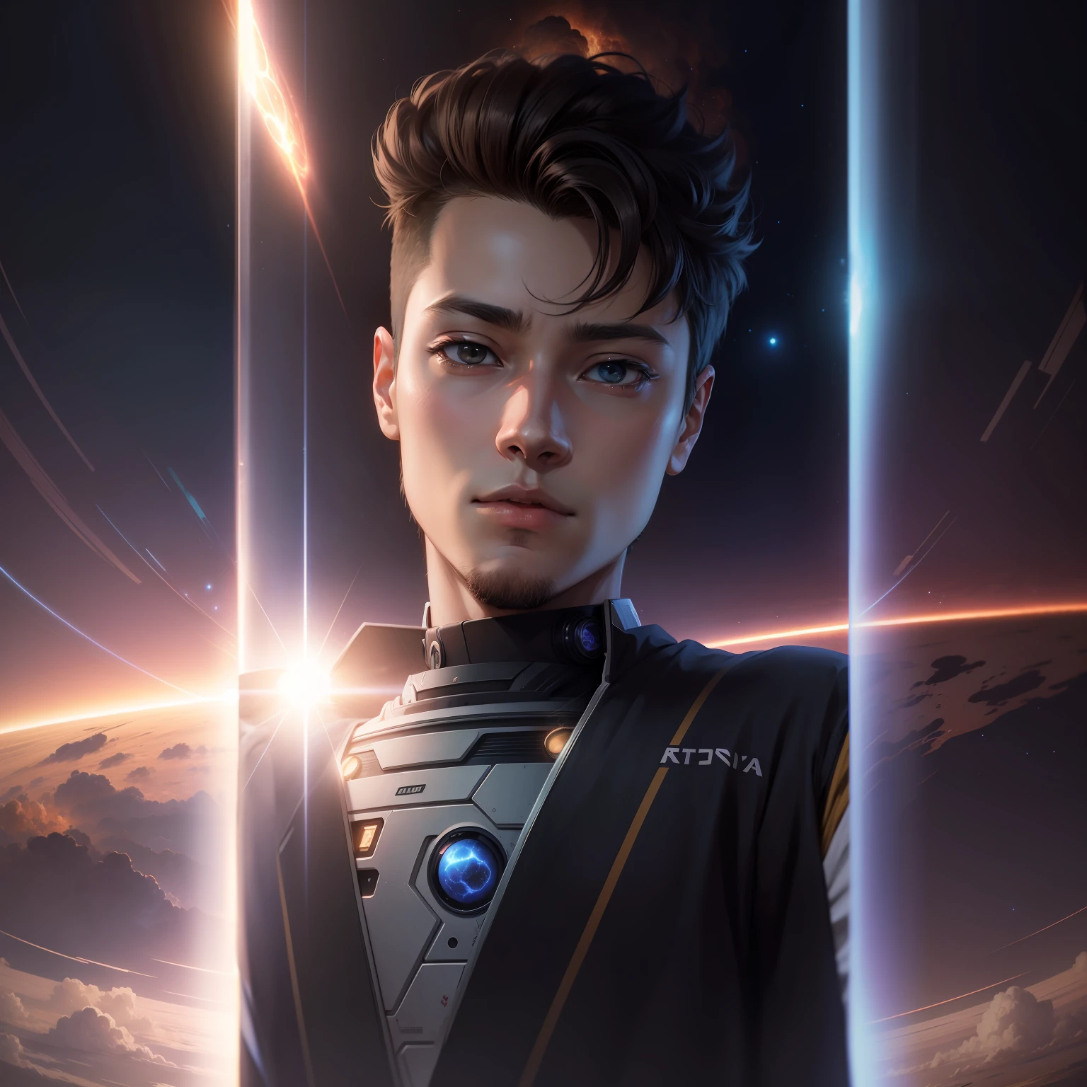 Anime boy, anime face, in the universe, scifi background, solar system, scifi art, 4k graphics, ultra hd, high quality