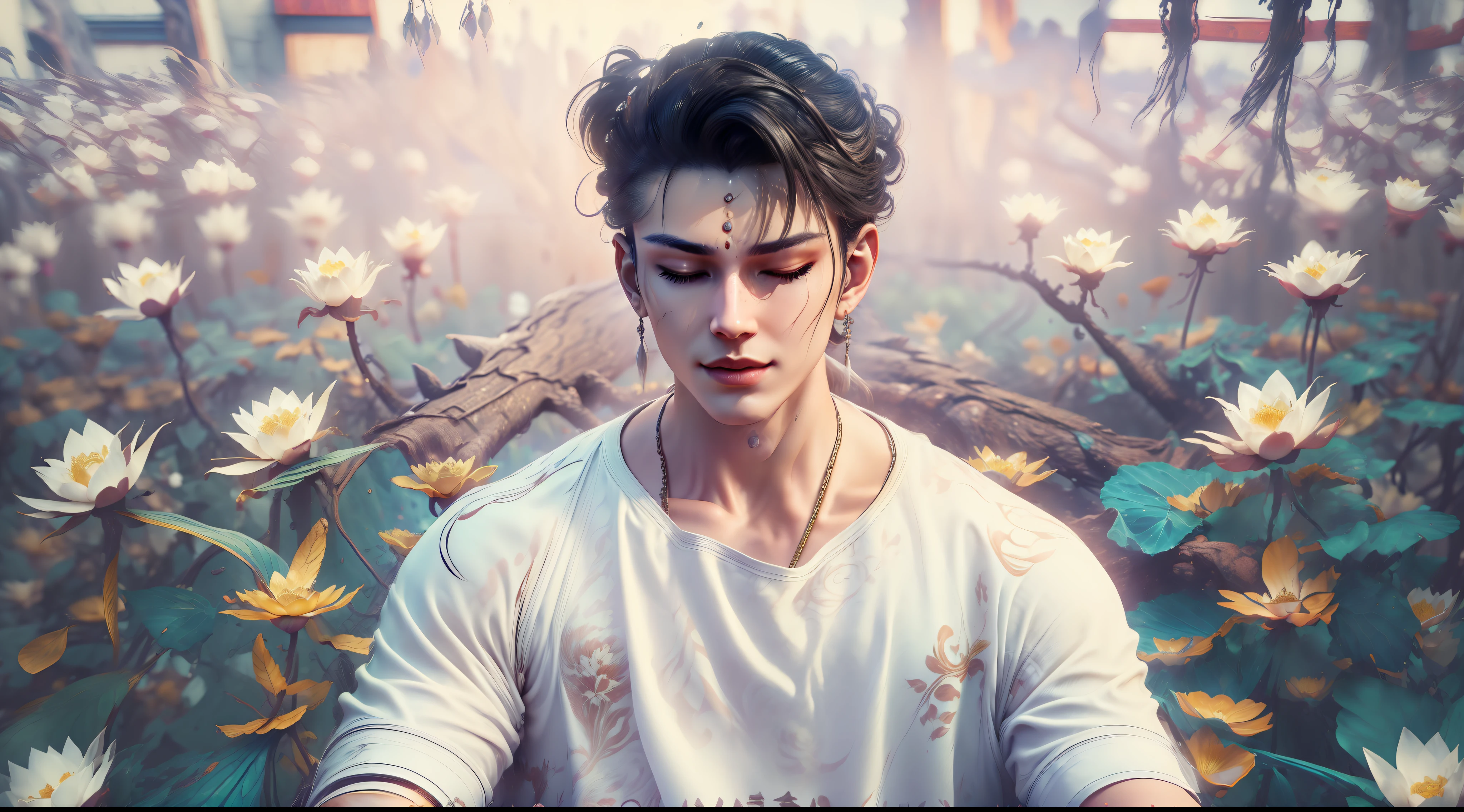 Handsome guy in a white shirt，Sit and meditate in a lotus pose，raise both arms，Look at the audience with your eyes closed，raised head，Floating on the ground，cheerfulness，A slight smil，realisticlying，Bokeh，light particules，very highly detailed background，detailed face with，Detailed and complex busy background，Untidy，opulent，milkyW，Highly detailed hands，Realistic details of skin，Visible Pore，tack sharp focus，volume fog，8K  UHD，digital SLR camera，high qulity，filmgrain，White skin of the，photo-realism，lomo graphy，Huge metropolis in a dystopia of the future , look from down