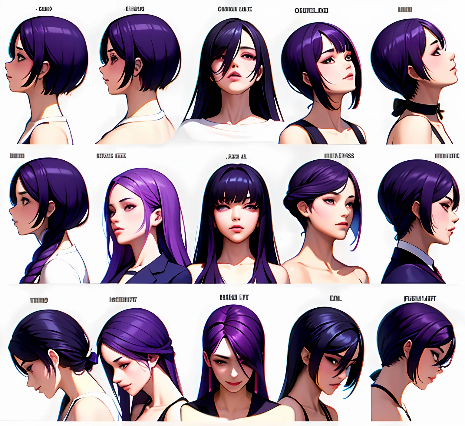 ((1girl)), lexaiduer,office lady, violet hair, beautiful, character turn around, manhwa style, smooth skin, ((masterpiece)), soft skin, smooth shading, Manhwa art style, character head sheet, character head reference, same character different angles, 4k, HD, High Quality, ((Same Girl)), ((Same Face)), ((Same Hair)), ((Same Character)), Purple Hair all faces, Same Head